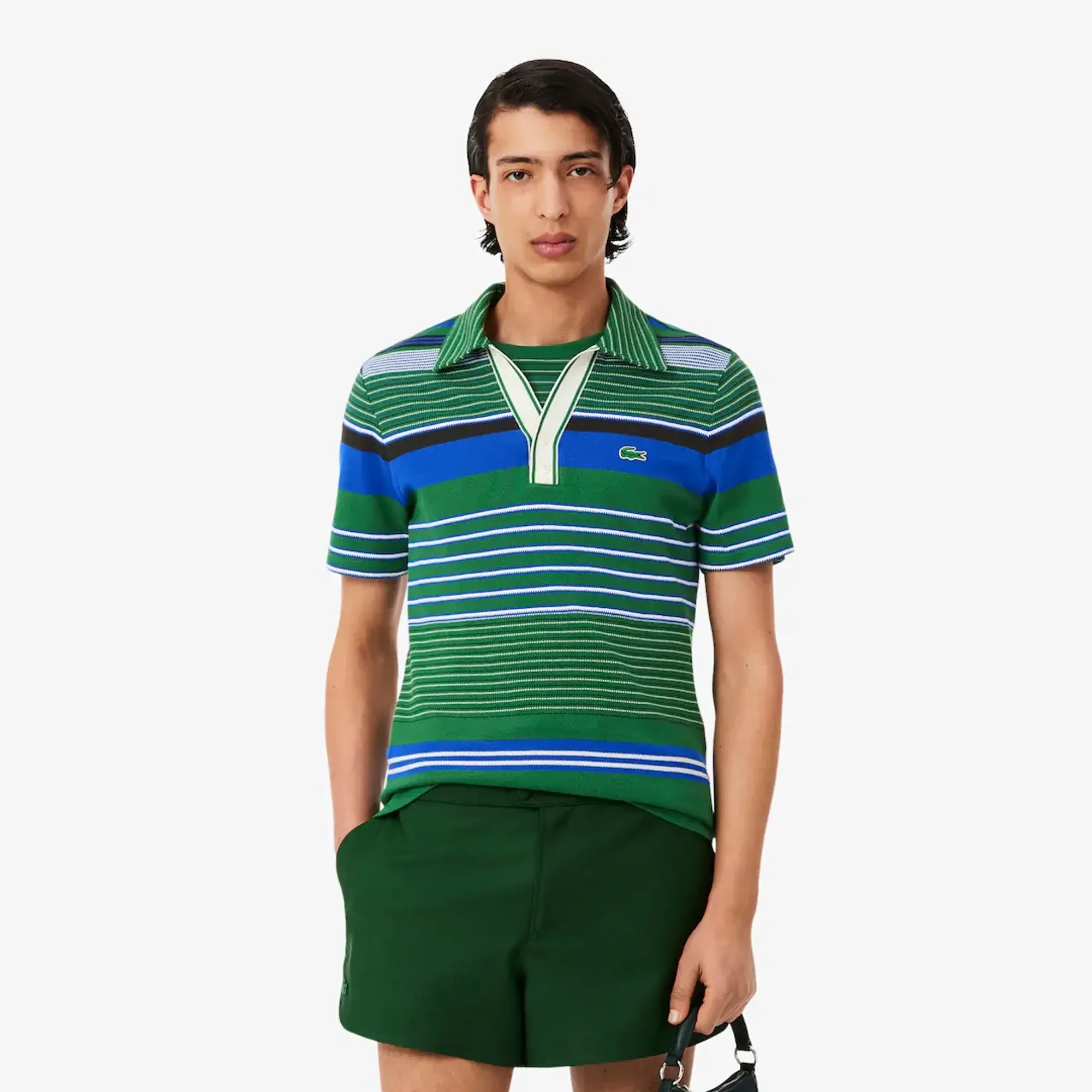 Lacoste Runway Slim Fit Striped Piqué Polo Shirt - Green / White