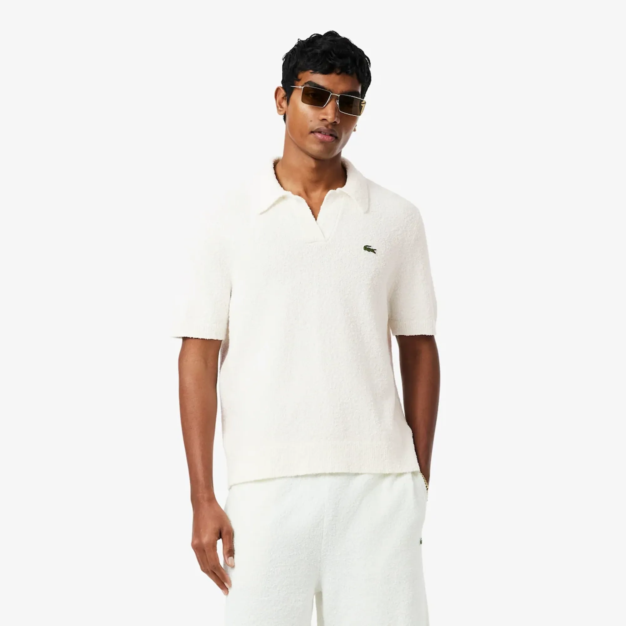 Lacoste Classic Fit Bouclé Knit Polo Shirt - White