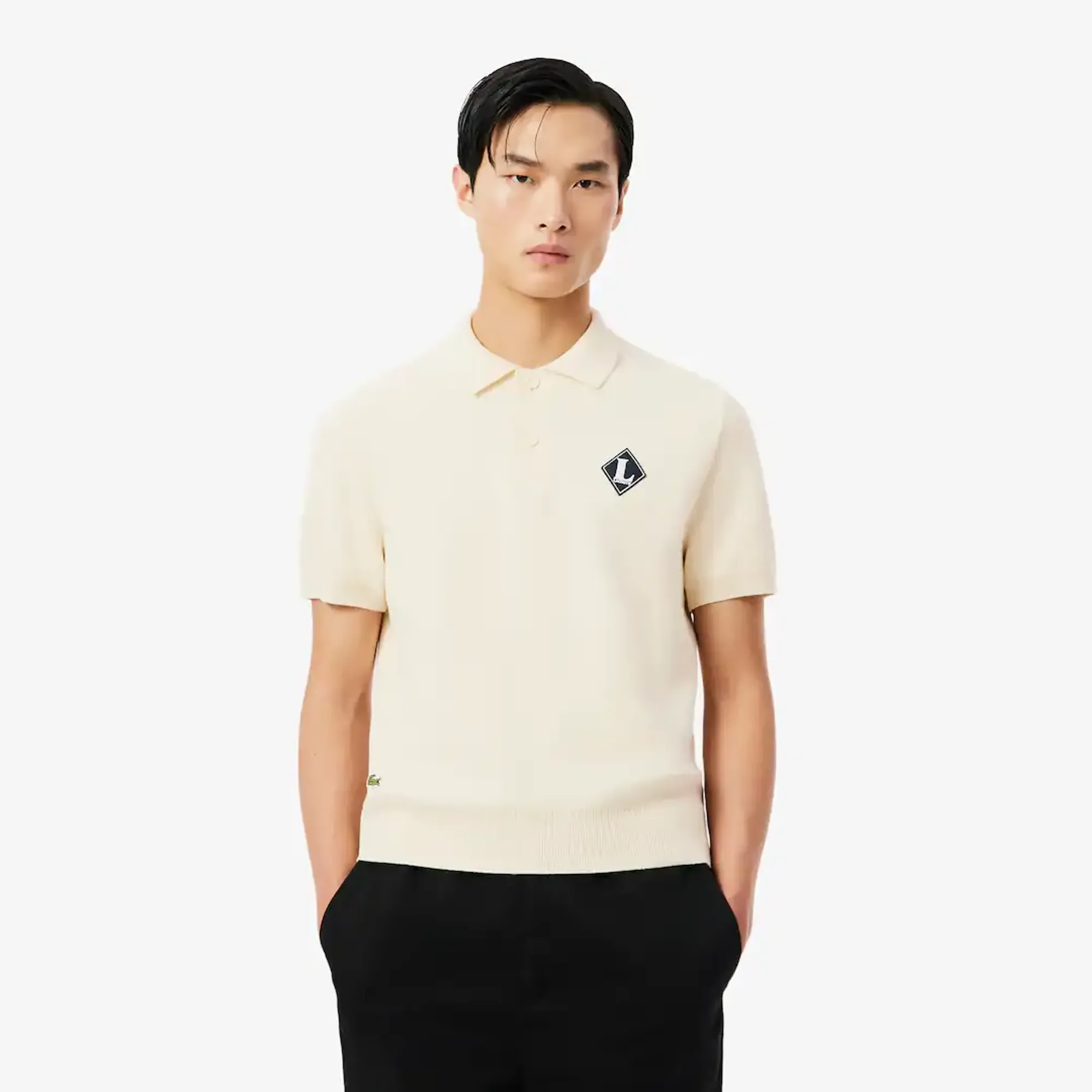 Lacoste French Made Badge Accent Polo Collar Sweater - Ecru White