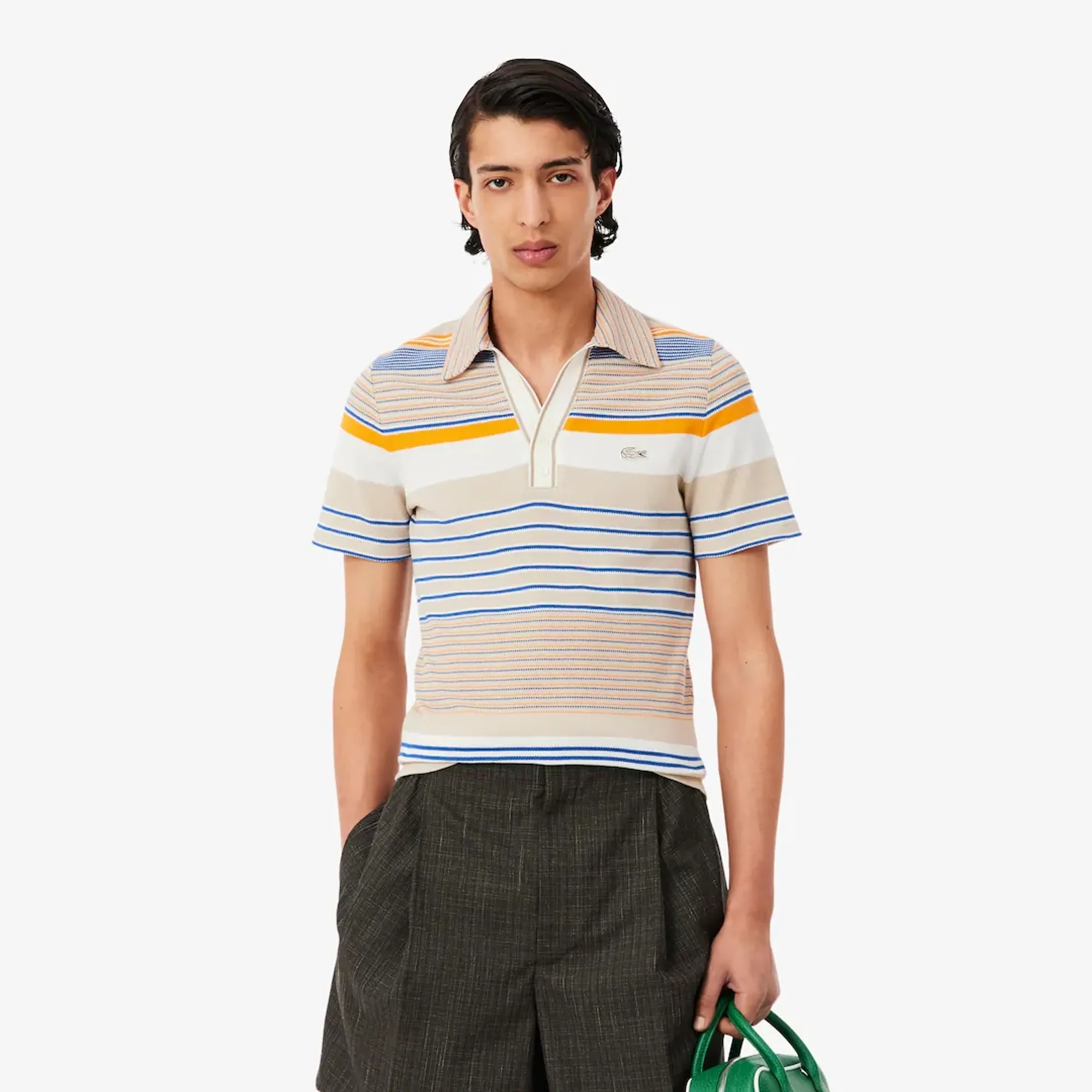 Lacoste Runway Slim Fit Striped Piqué Polo Shirt - Beige / Blanc