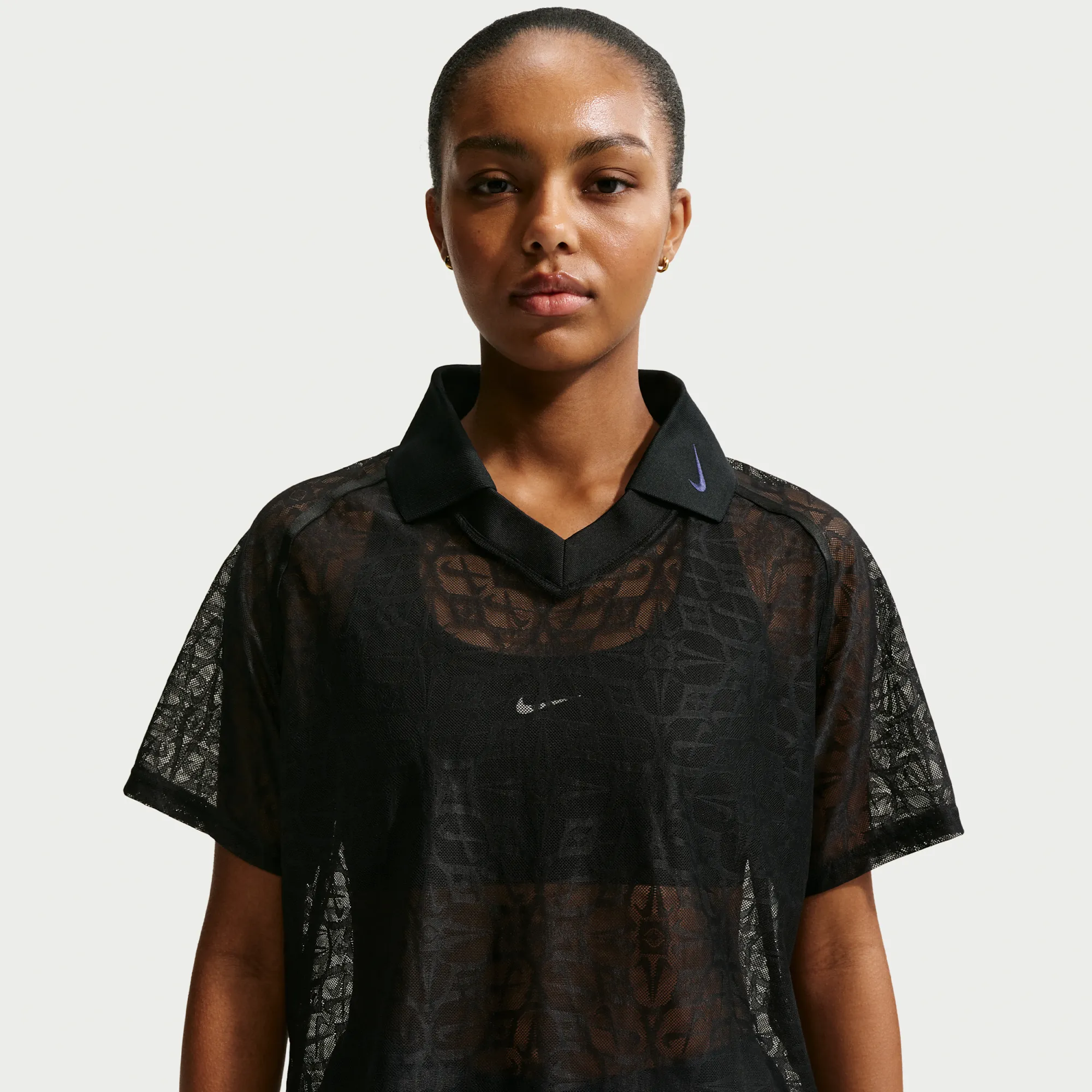 Nike Women's Loose Lace Polo Jersey Top - Black - Nylon/Elastane