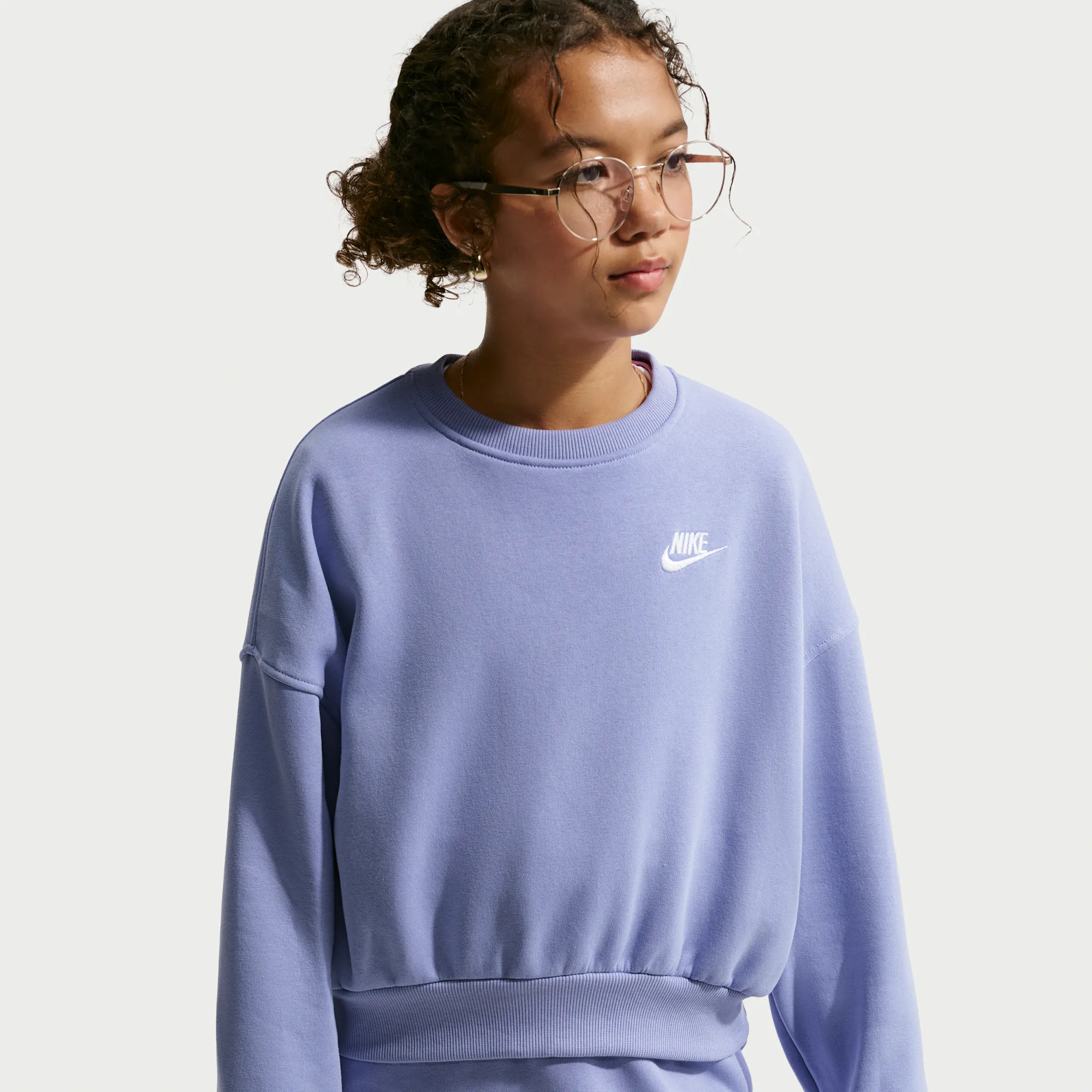 Nike Club Fleece Girls' Boxy Crew-Neck Sweatshirt - Purple - Cotton/Polyester