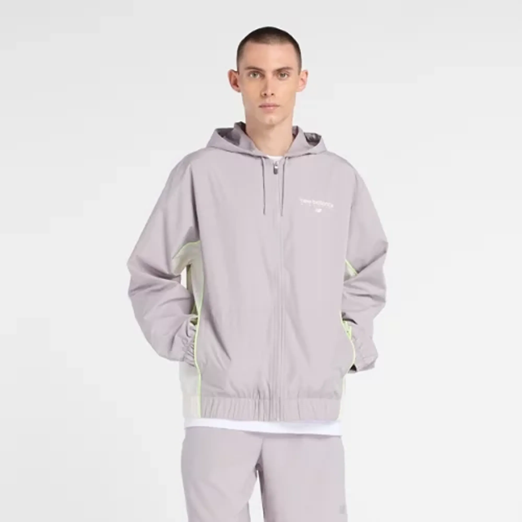 New Balance Men's Trackside Woven Jacket in Grey/White Polywoven
