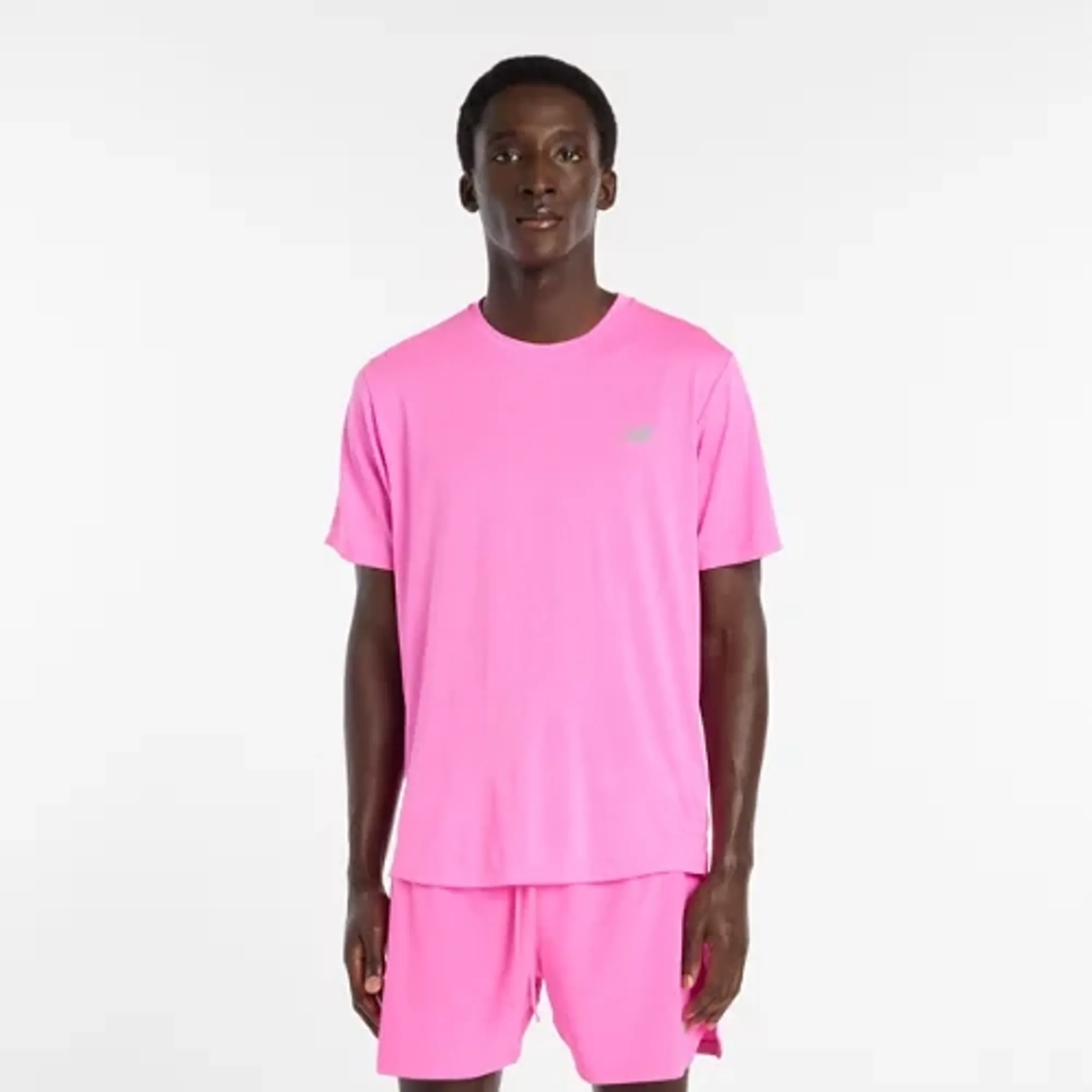 New Balance Men's RC Essential T-Shirt in Pink/Grey Poly Knit