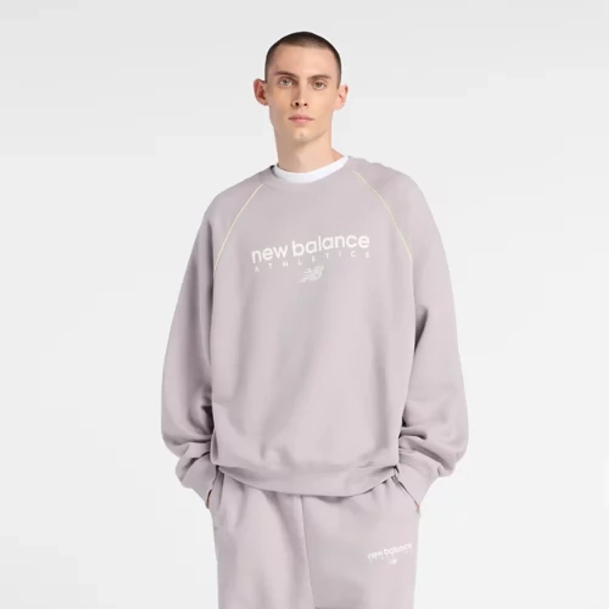 New Balance Men's Trackside Fleece Crew in Grey/Green Poly Fleece