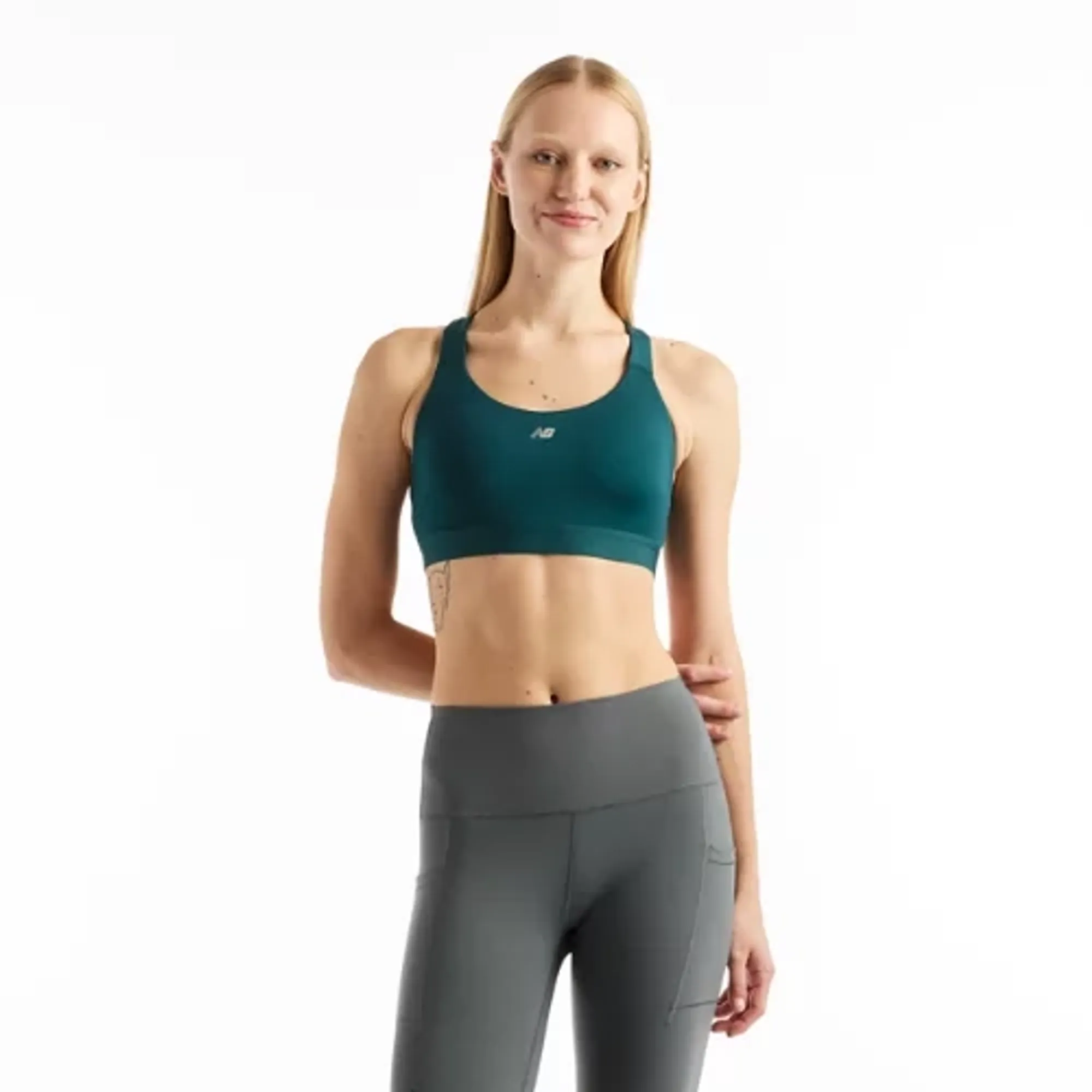 New Balance Women's NB Essential Train Bra in Green Poly Knit