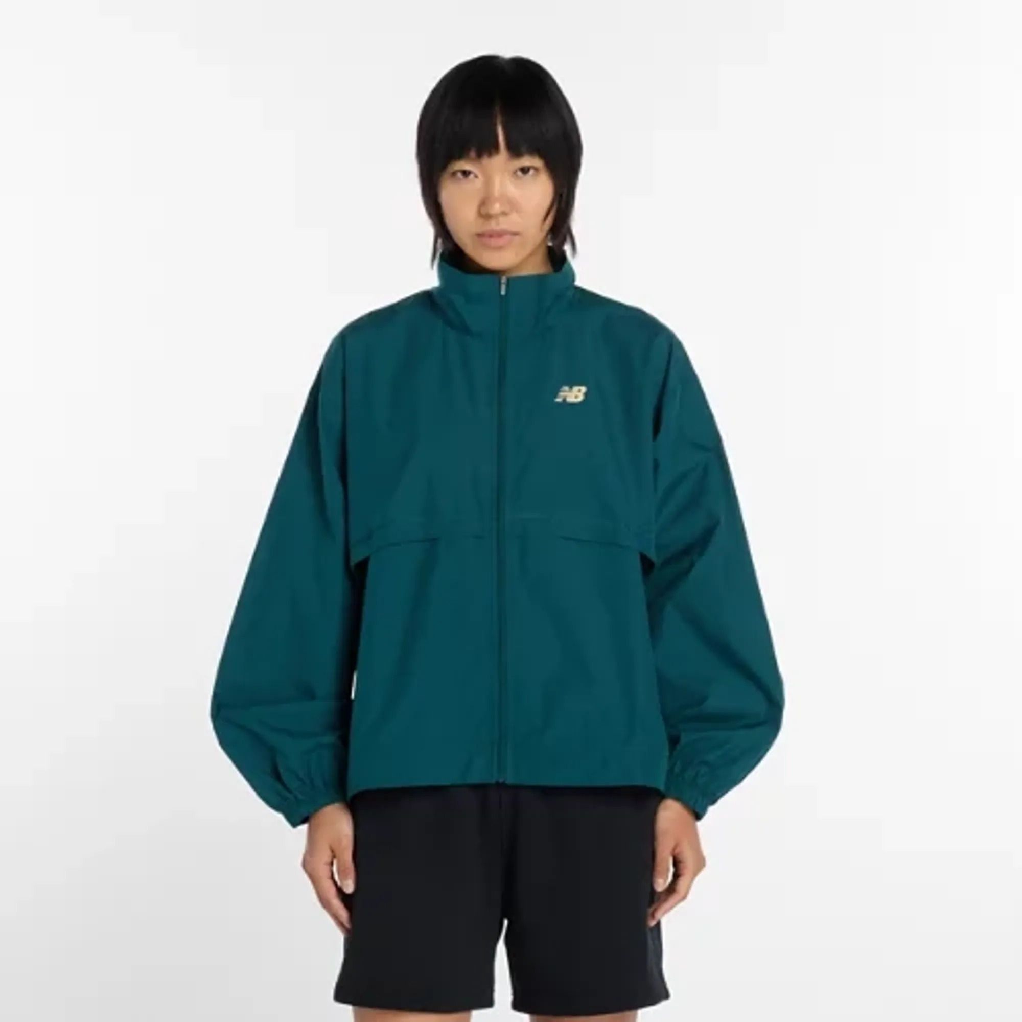 New Balance Women's Trackside Woven Jacket in Green Polywoven