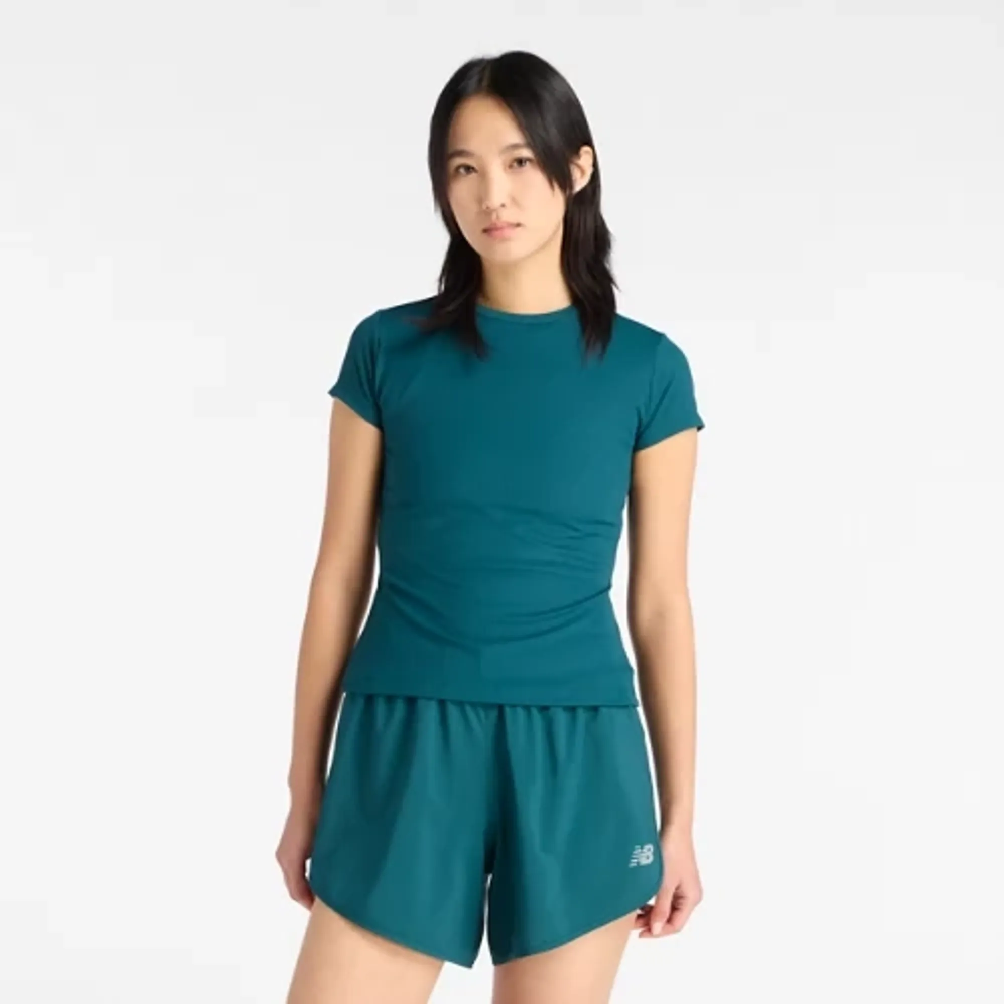 New Balance Women's Ribbed Fitted T-Shirt in Green Poly Knit