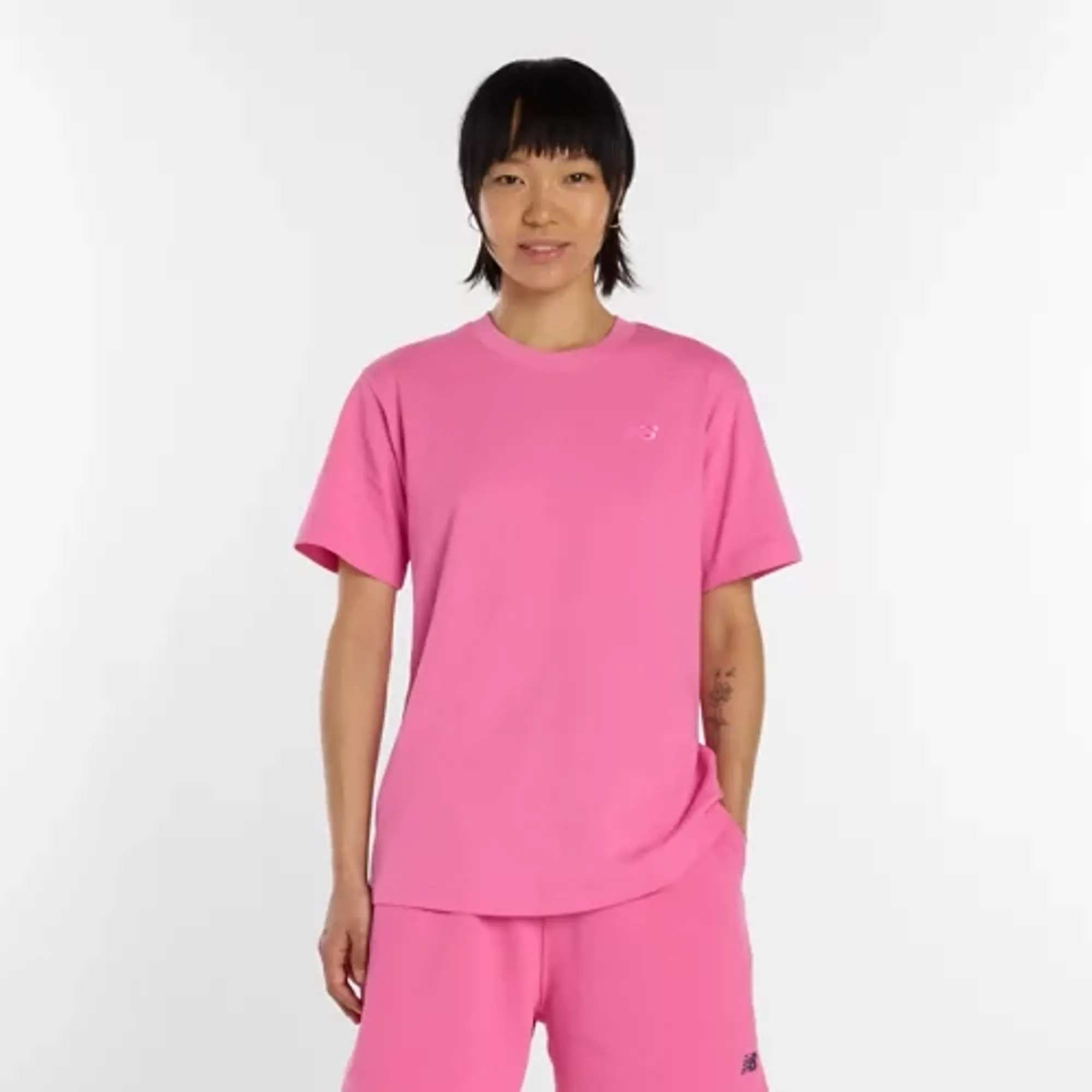 New Balance Women's Athletics Jersey T-Shirt in Pink Cotton Jersey