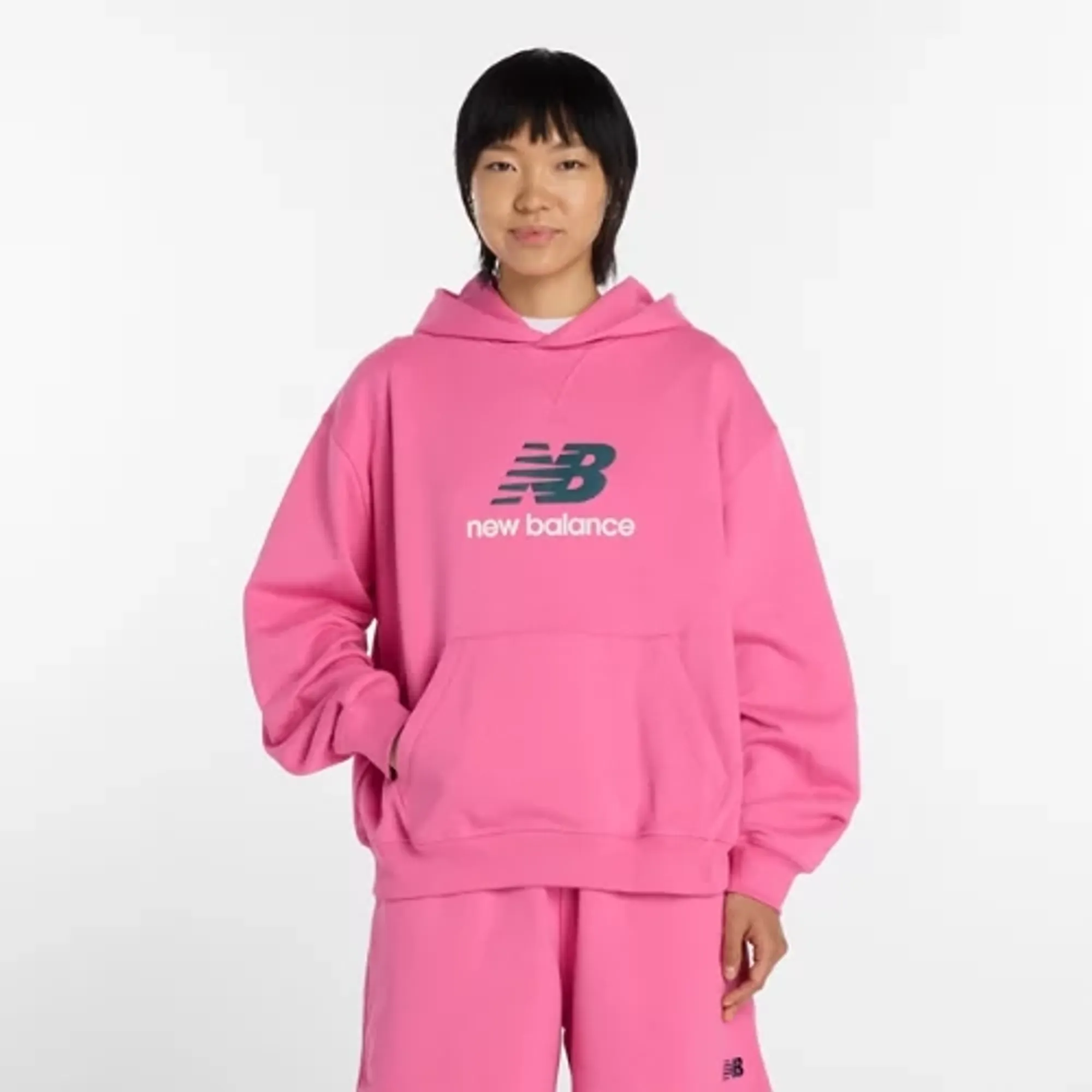 New Balance Women's Athletics French Terry Logo Hoodie in Pink Cotton Fleece