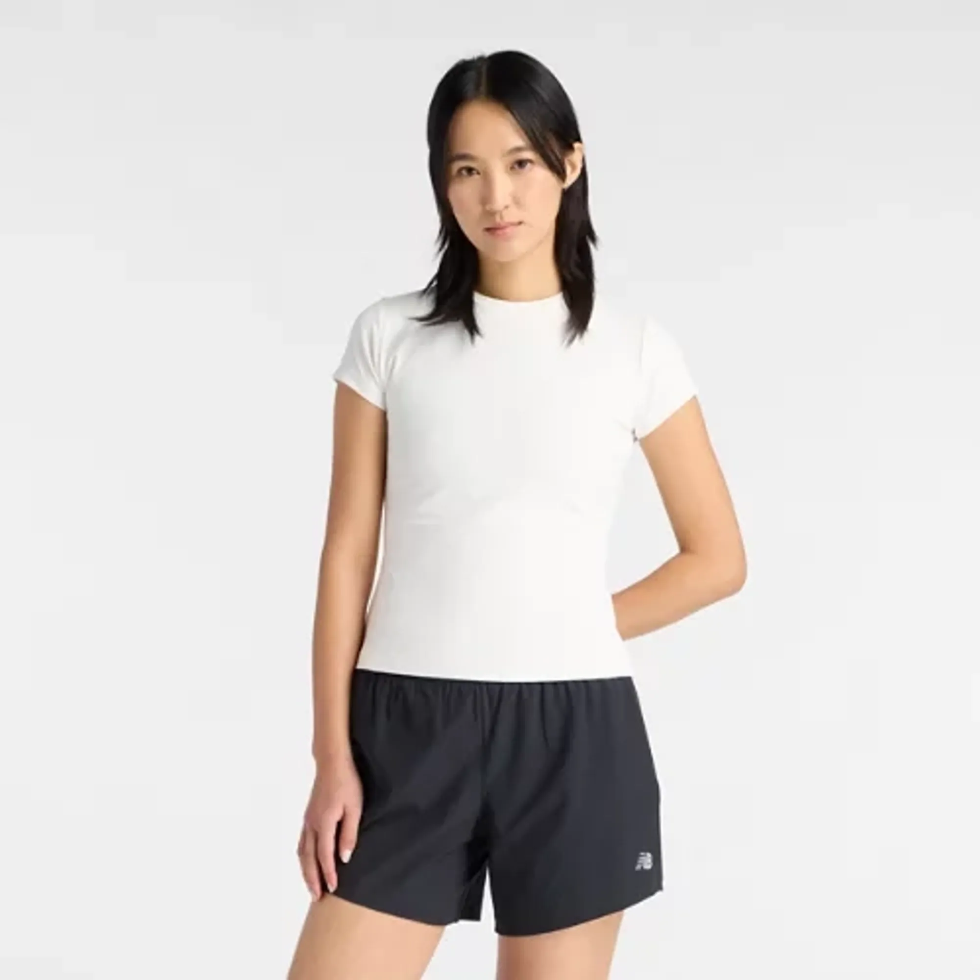 New Balance Women's Ribbed Fitted T-Shirt in White Poly Knit