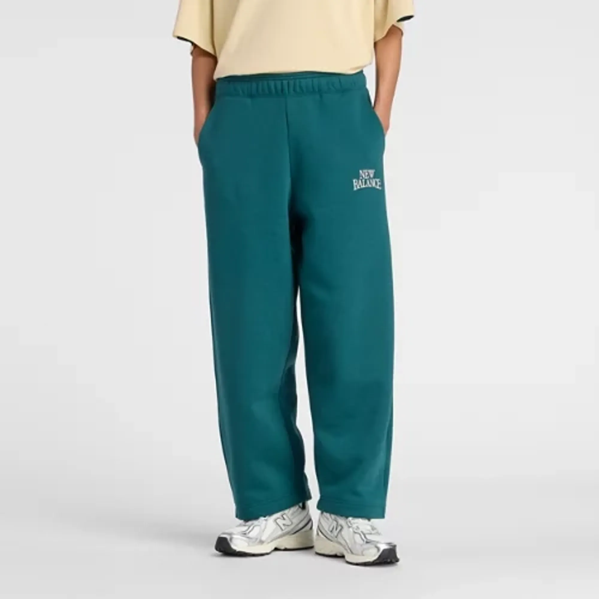New Balance Women's Trackside Fleece Barrel Pant in Green Cotton Fleece