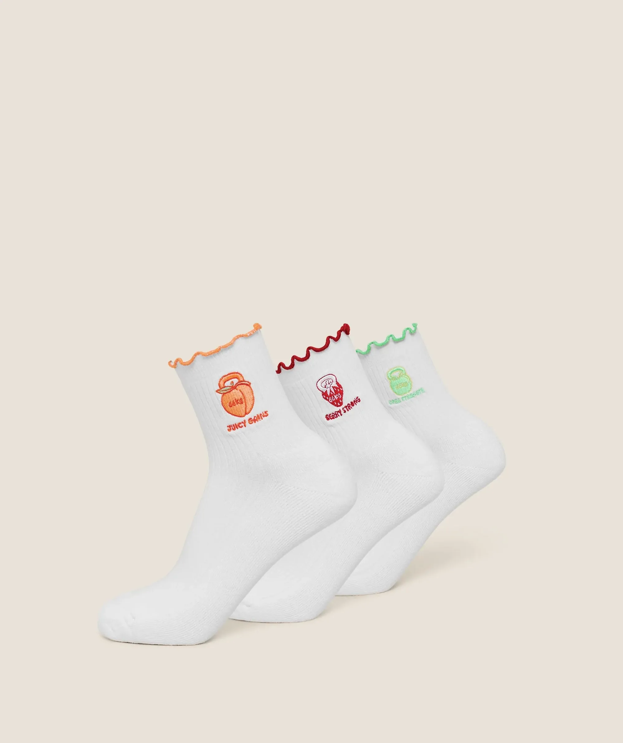 Gymshark Fruity Graphic Midi Frill Socks 3pk - White