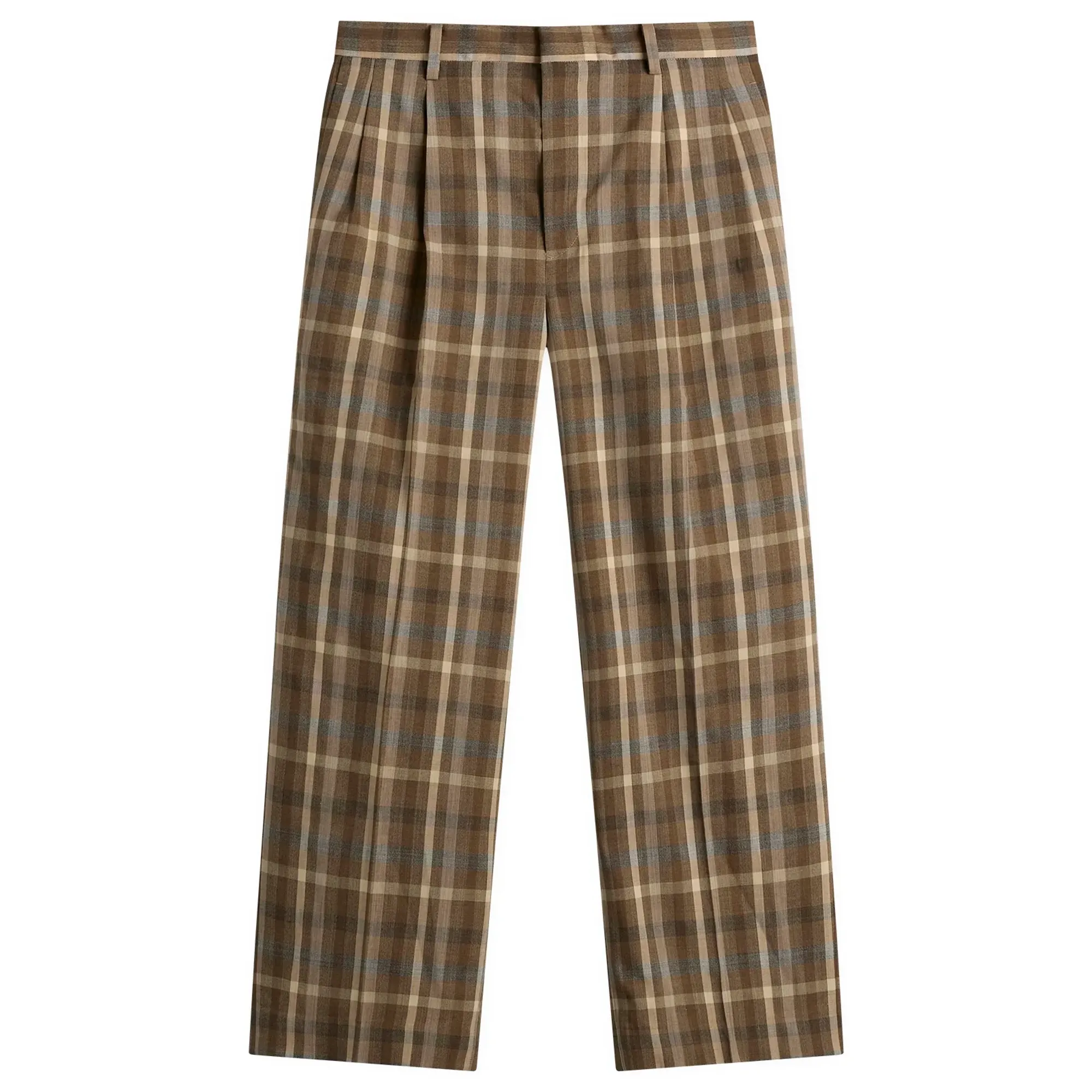 Auralee Women's Wool Check Two-Tuck Slacks Top Brown Check