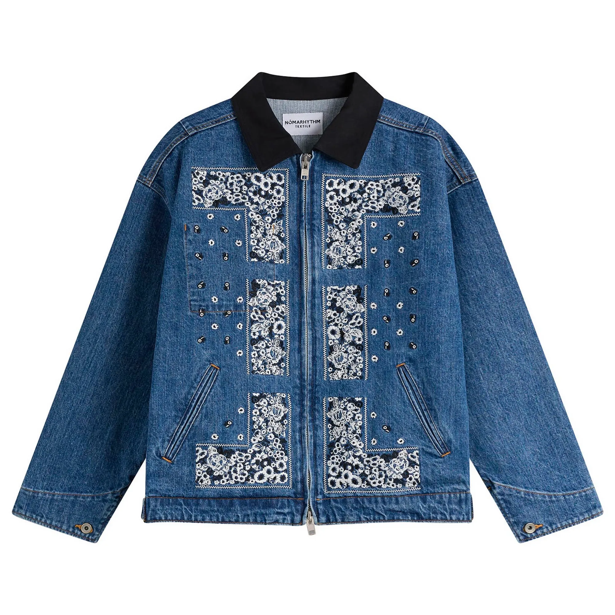 NOMARHYTHM TEXTILE Men's Bandana Embroidery Denim Jacket Indigo/White