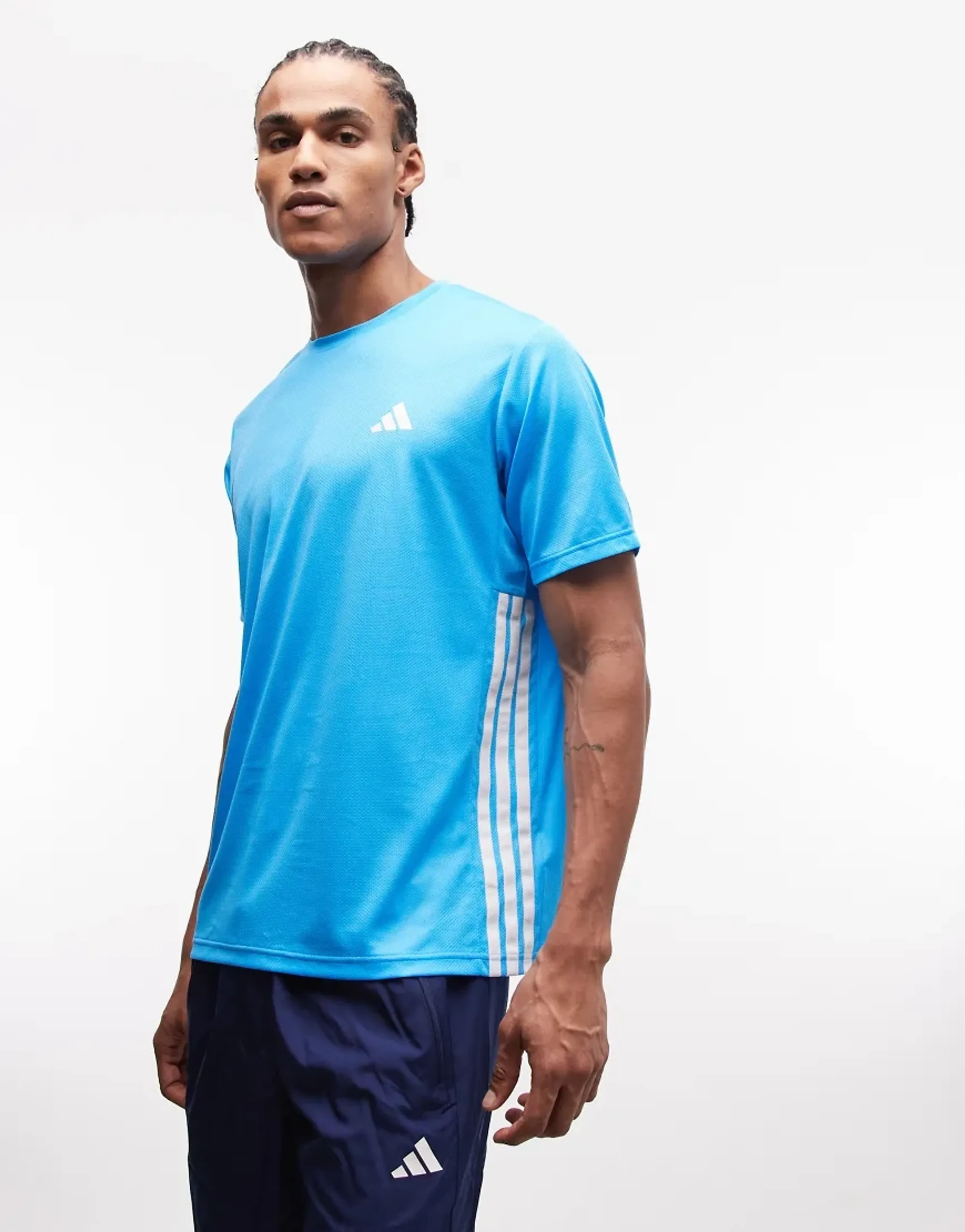 Adidas Training Essentials 3 Stripe T-Shirt In Blue-White
