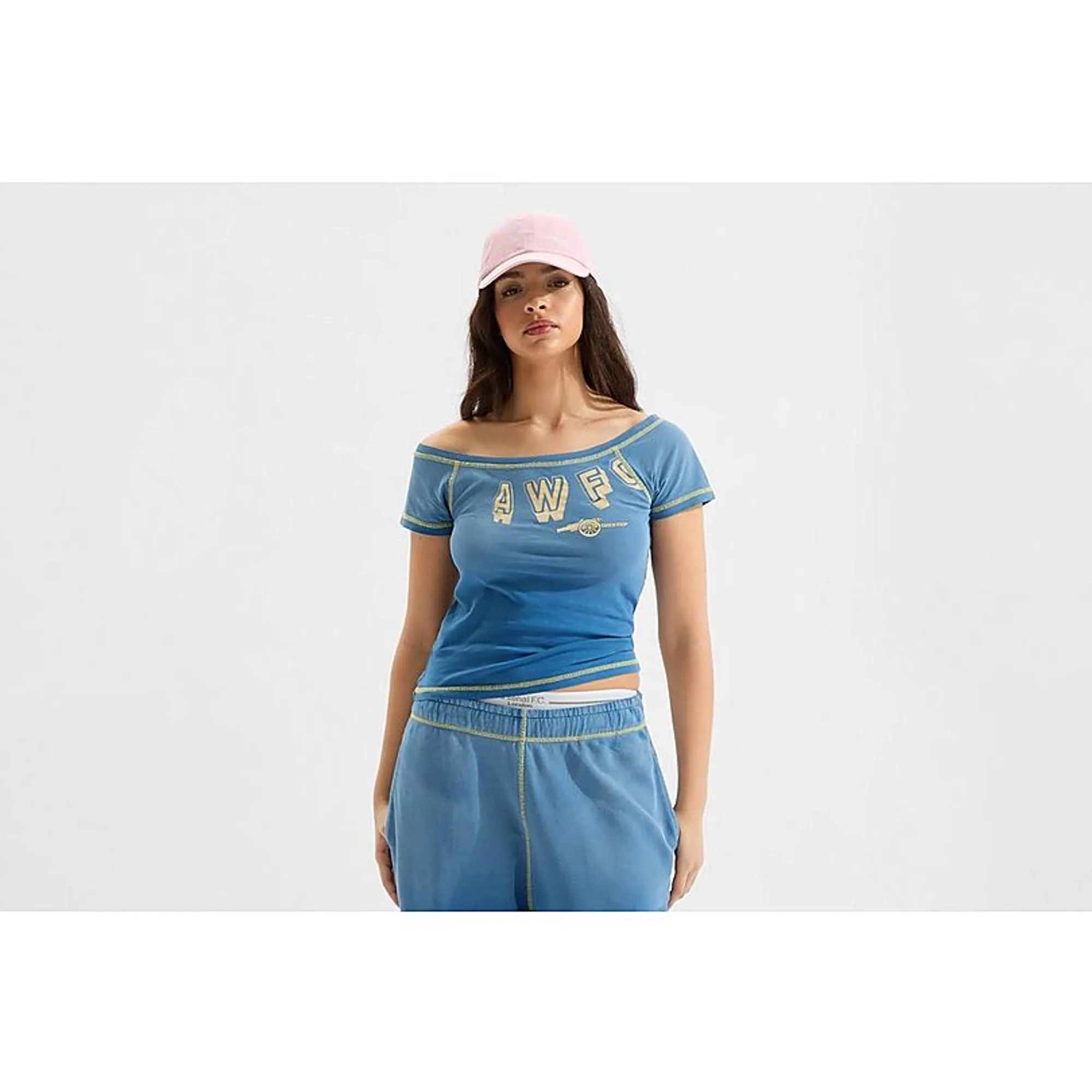 Arsenal AWFC Classics Acid Wash Off Shoulder Baby Tee, Blue