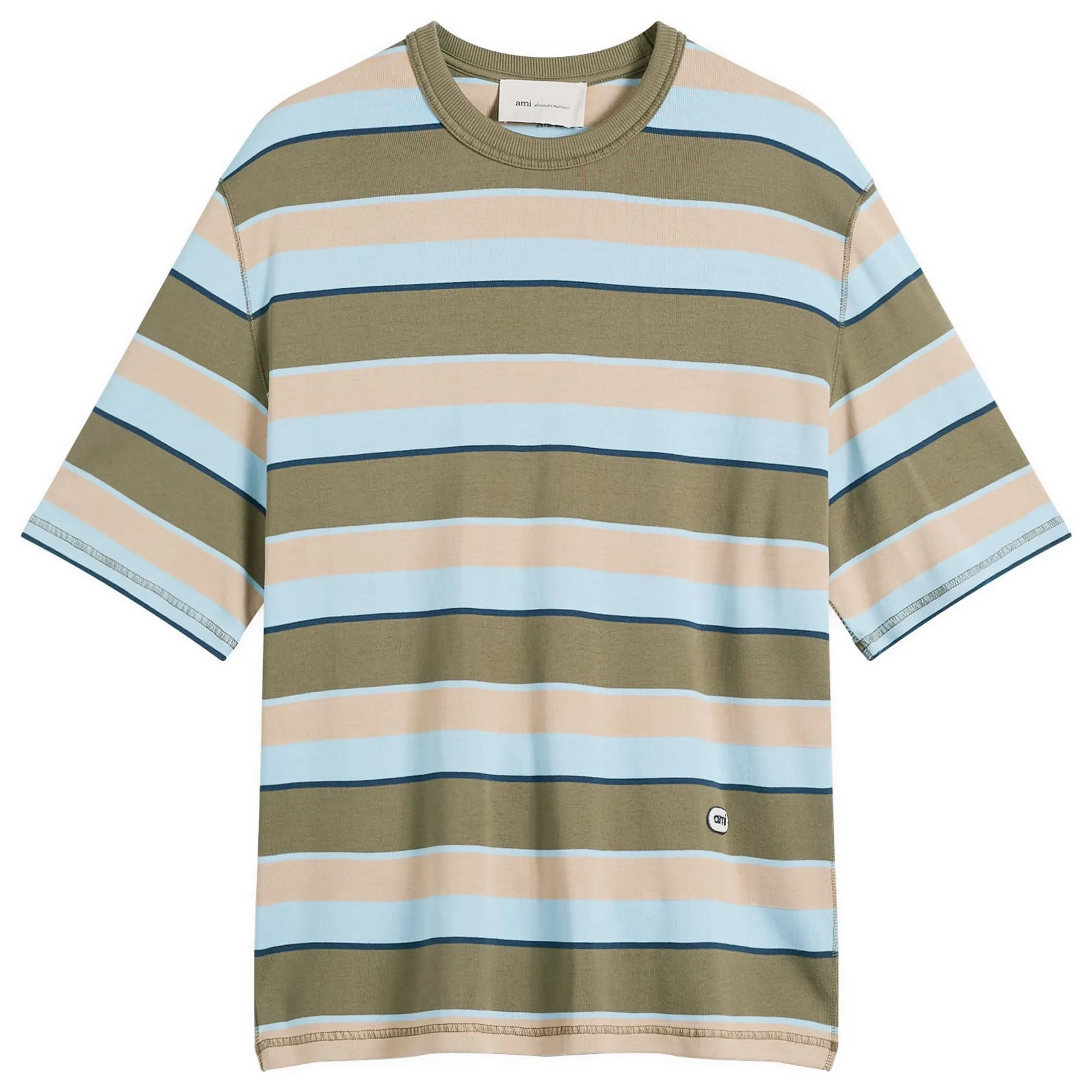 AMI Paris Men's Short Sleeve Oversized Striped T-Shirt Bleucach/Kaki/Taupe