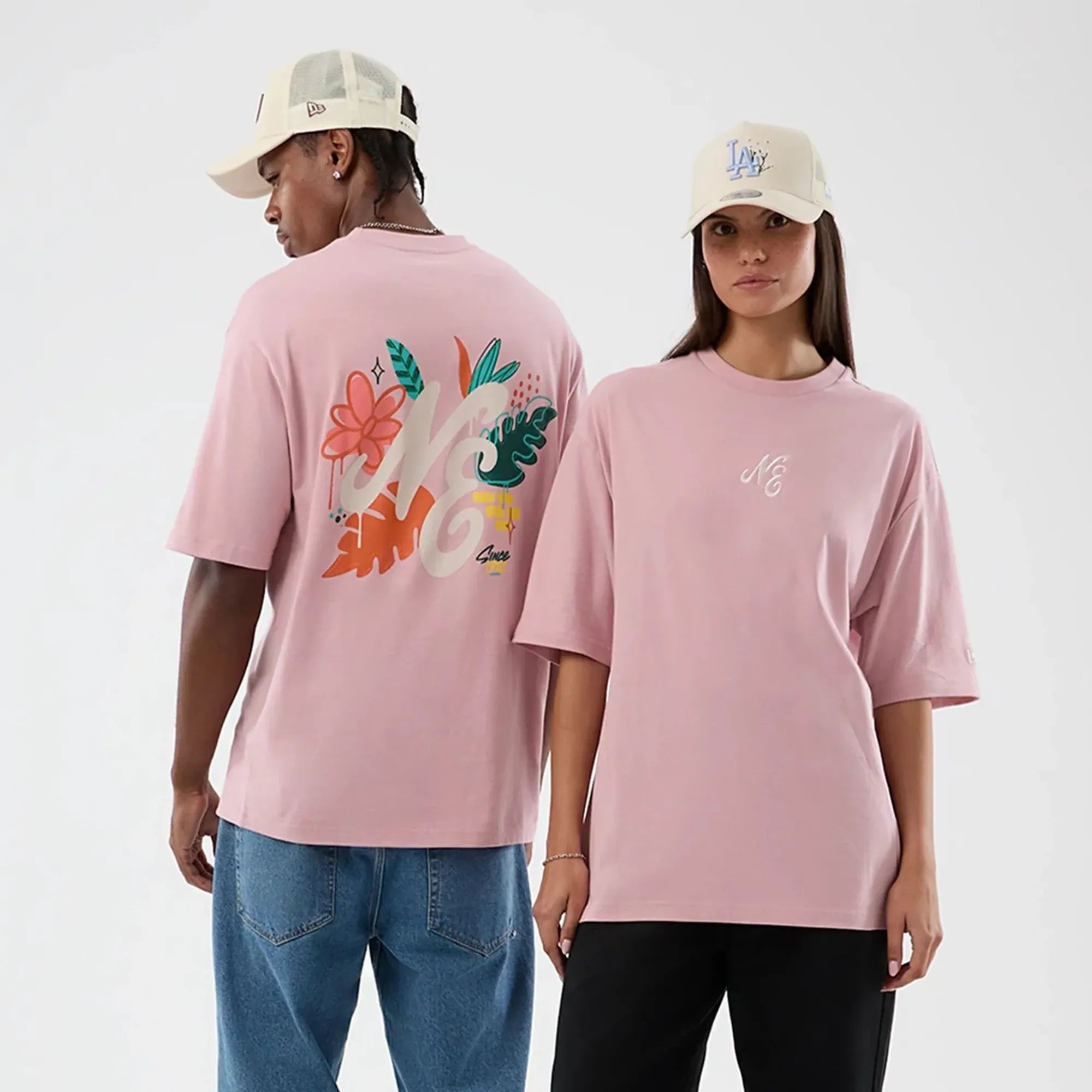 New Era Floral Graphic Pastel Pink Oversized T-Shirt adult unisex