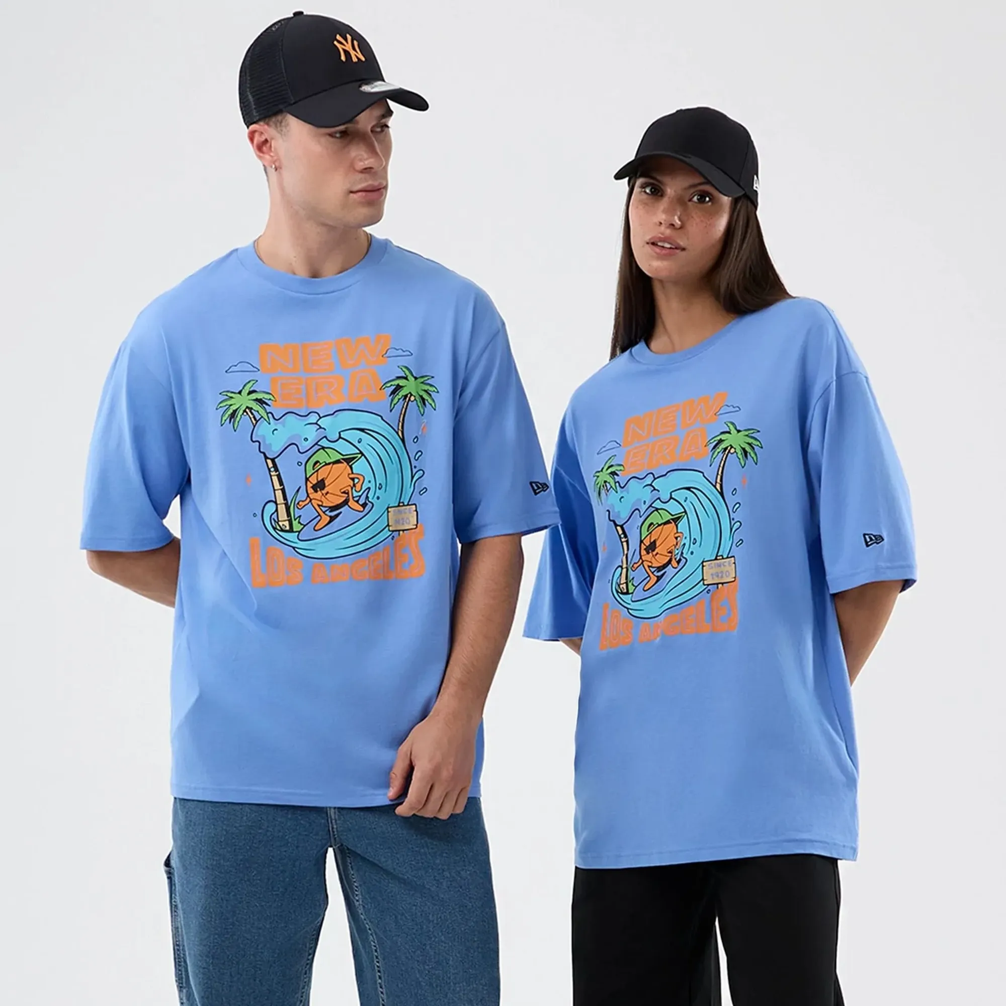 New Era Basketball Character Graphic Pastel Blue T-Shirt adult unisex