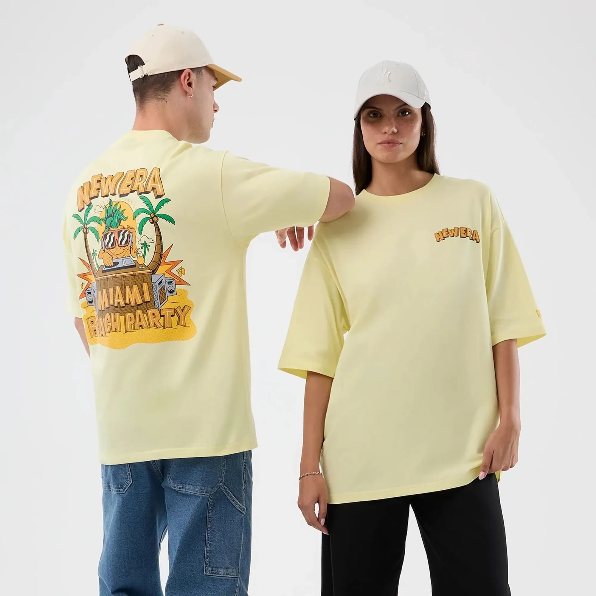 New Era Fun Beach Party Graphic Pastel Yellow Oversized T-Shirt adult unisex