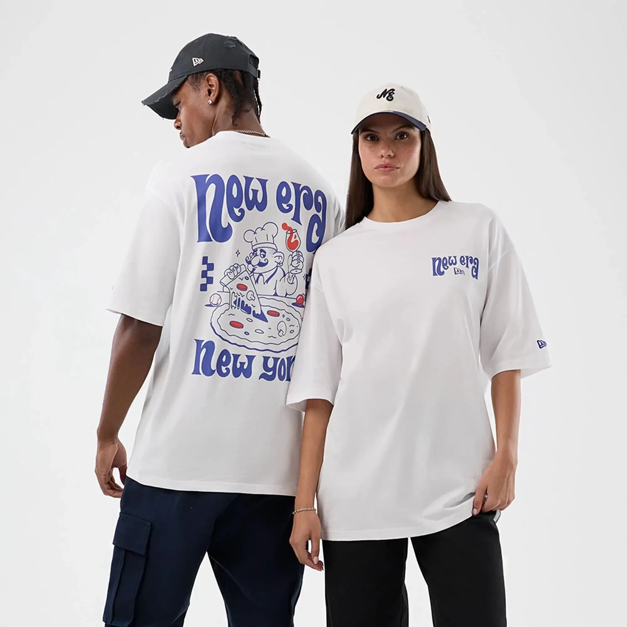 New Era Fun Pizza Graphic White Oversized T-Shirt adult unisex