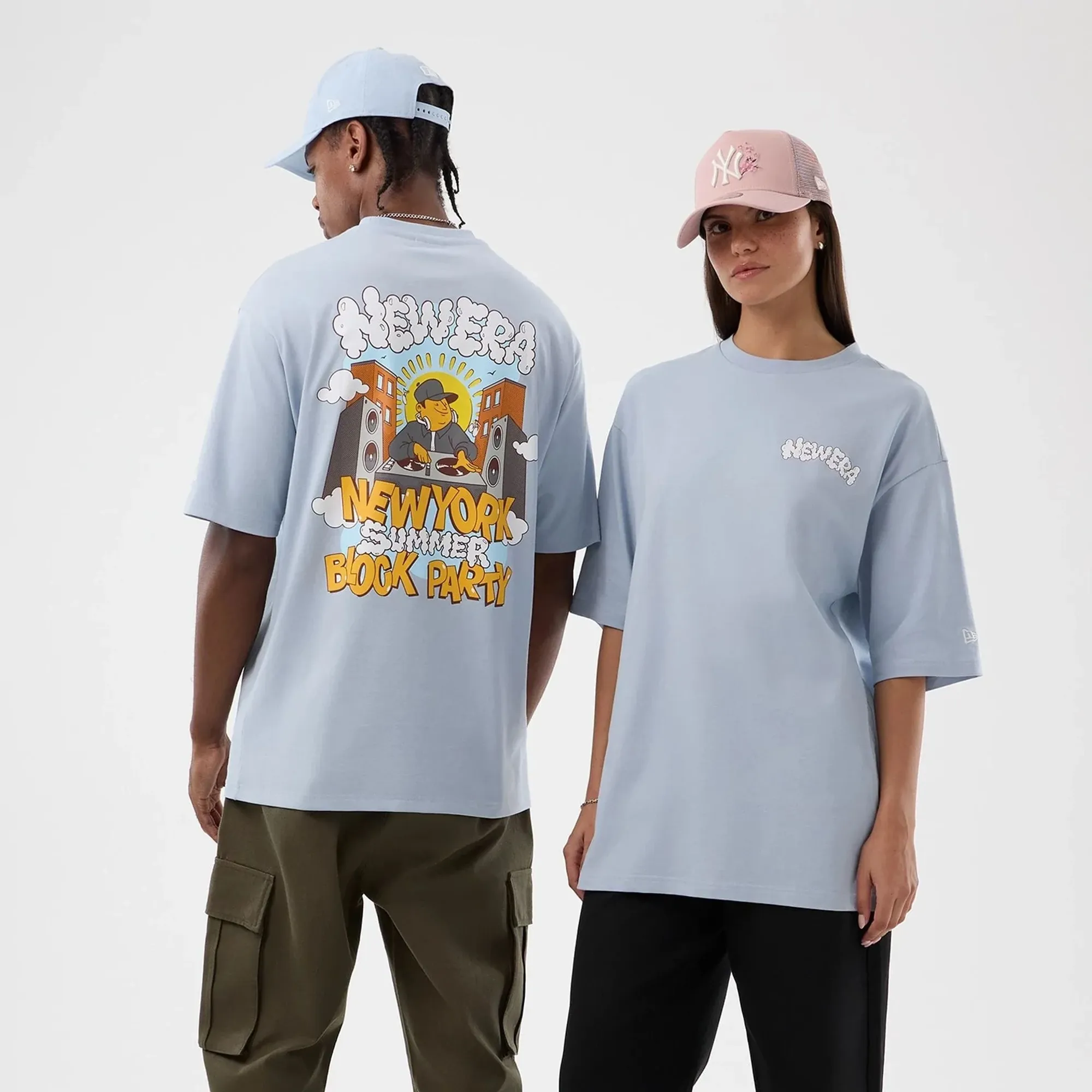 New Era Fun Block Party Graphic Pastel Blue Oversized T-Shirt adult unisex