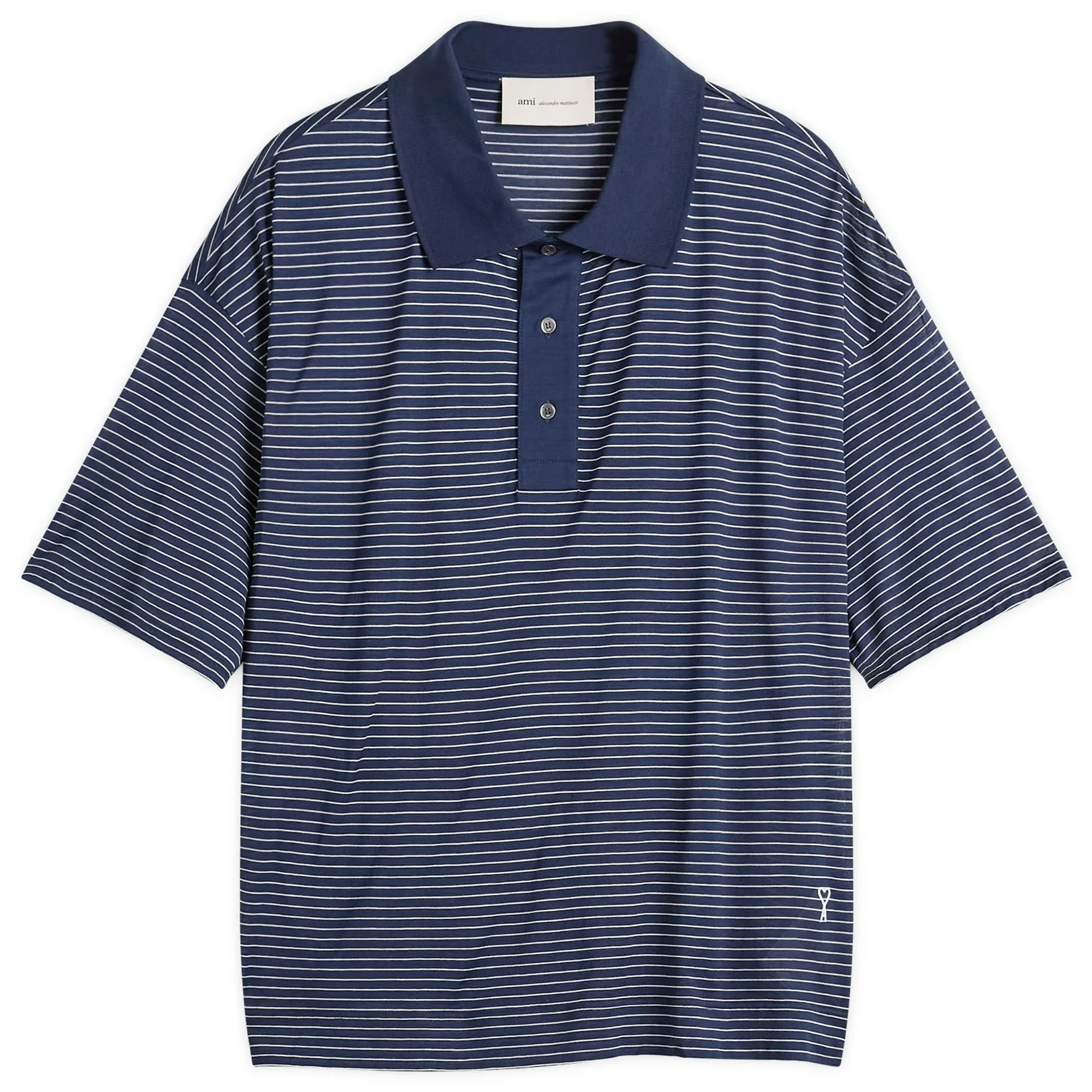 AMI Paris Men's Striped Boxy Fit Polo With Ami De Coeur Patch Encre/Blanc
