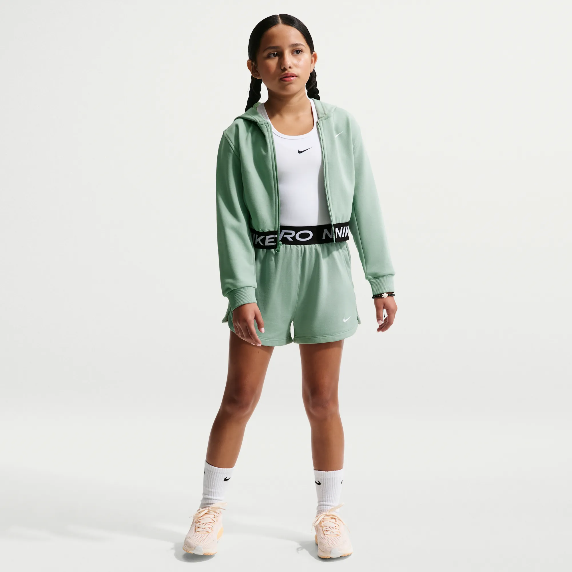 Nike Pro Fleece Older Kids' (Girls') Dri-FIT Shorts - Green - Cotton/Polyester