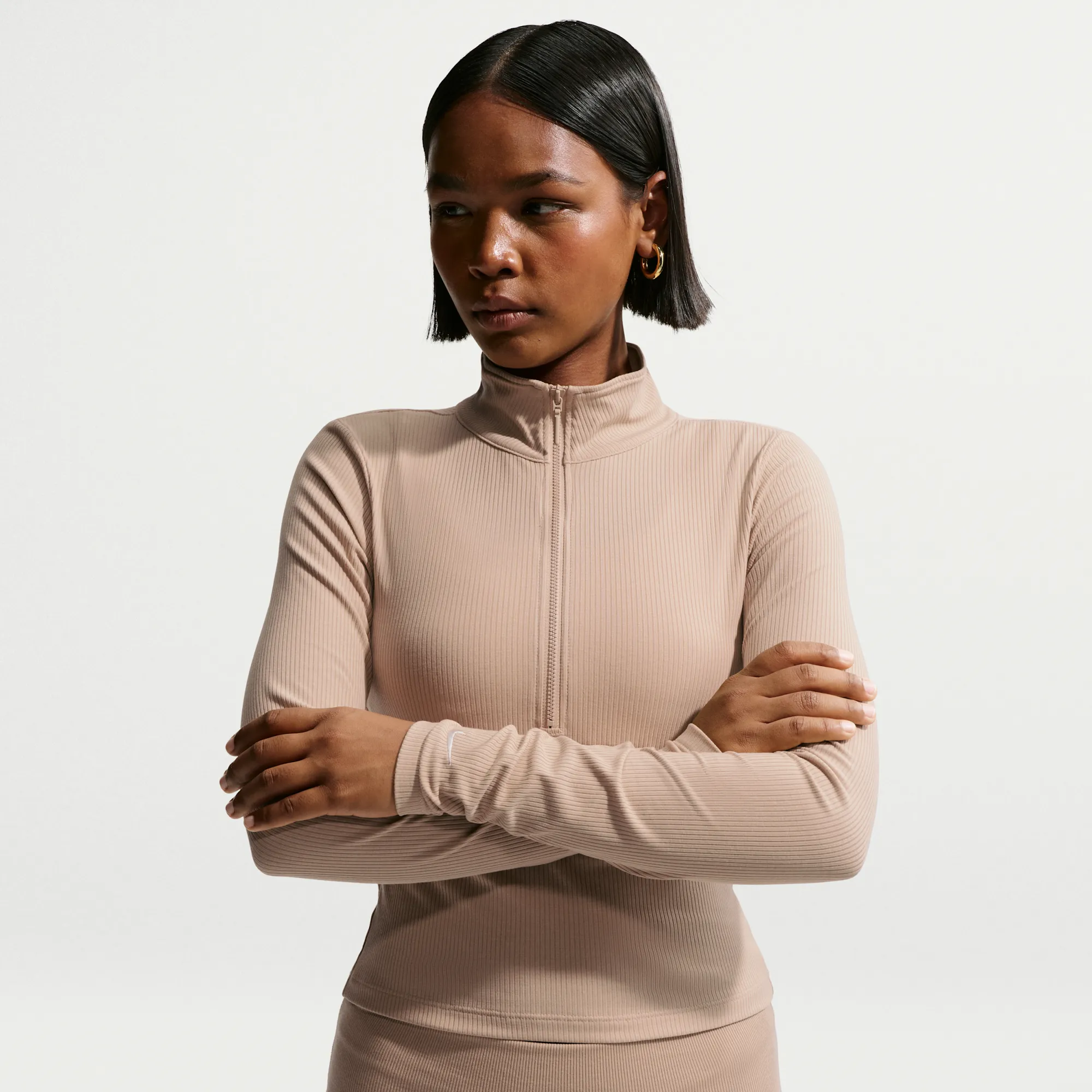 Nike Chill Knit Women's Tight Quarter-Zip Long-Sleeve Ribbed Top - Brown - Polyester/Lyocell/Elastane