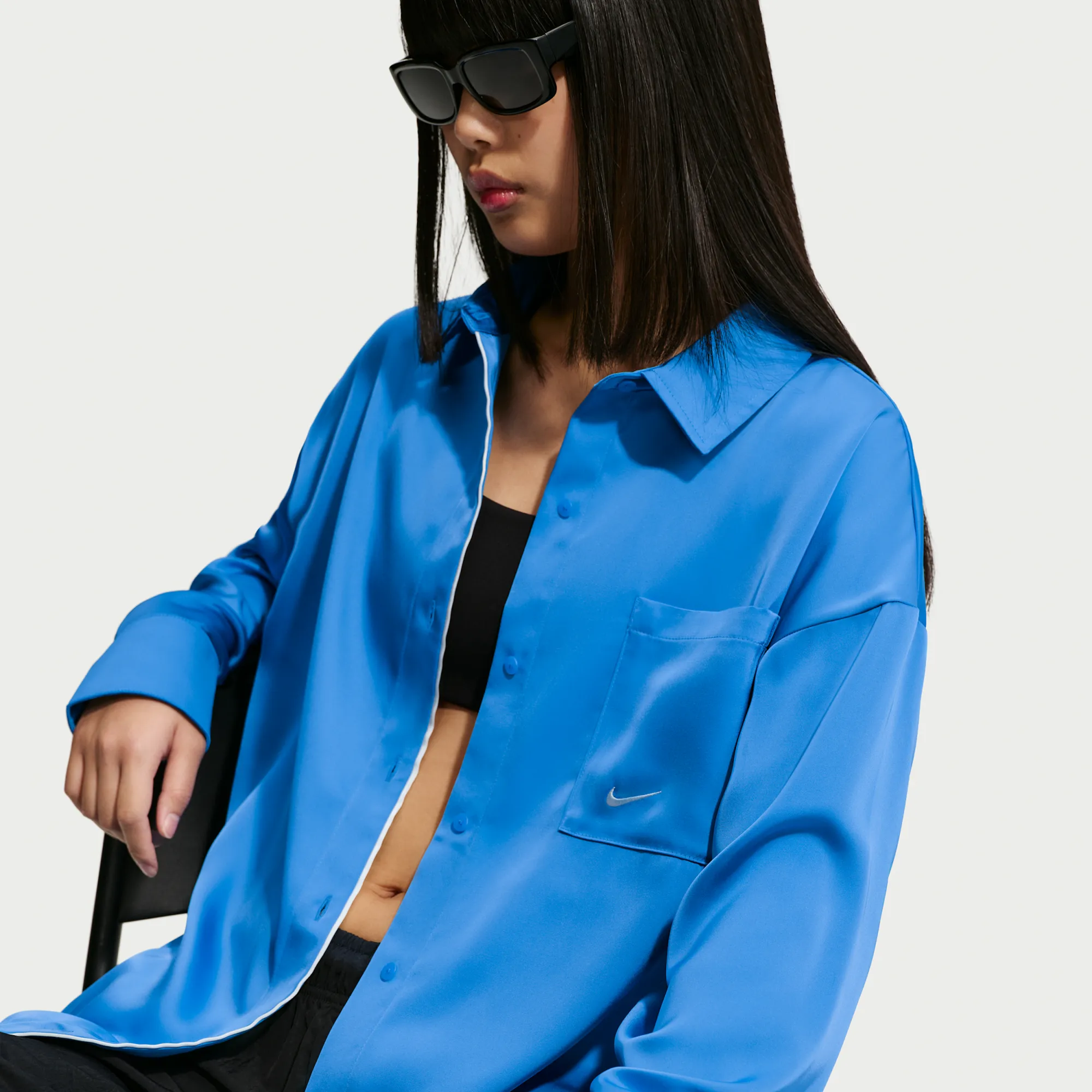 Nike Women's Oversized Satin Long-Sleeve Top - Blue
