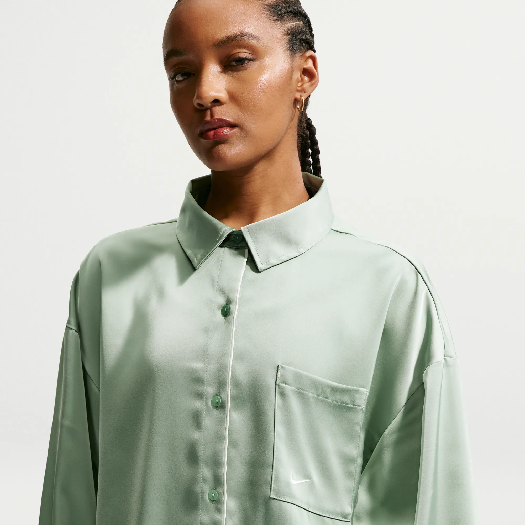 Nike Women's Oversized Satin Long-Sleeve Top - Green - Polyester