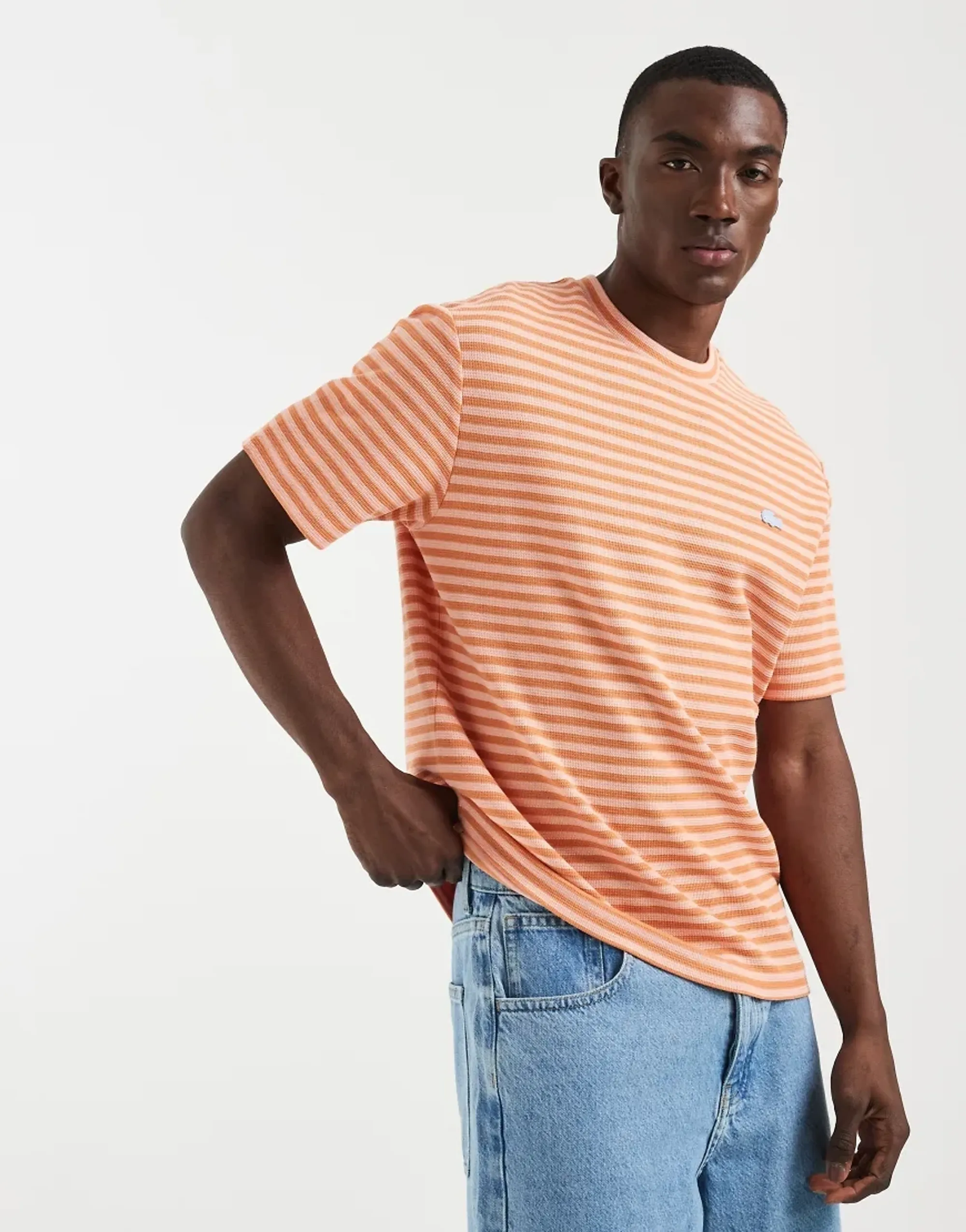 Lacoste Textured Striped Cotton T-shirt - Rose / Orange