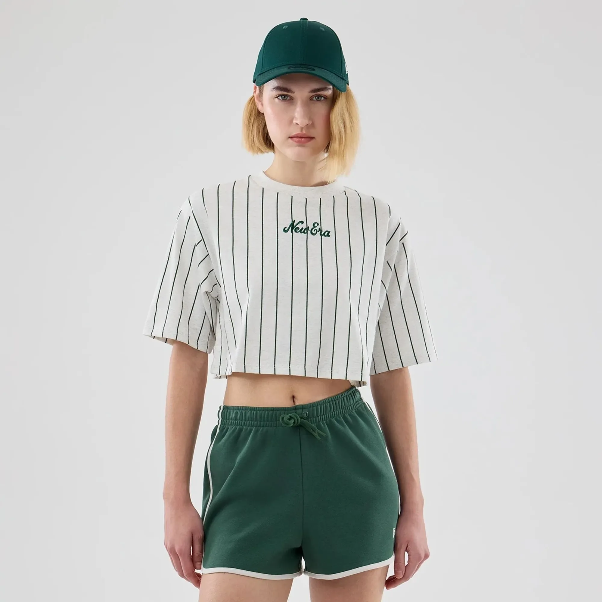 Womens New Era Pinstripe Pastel Grey Cropped T-shirt adult female