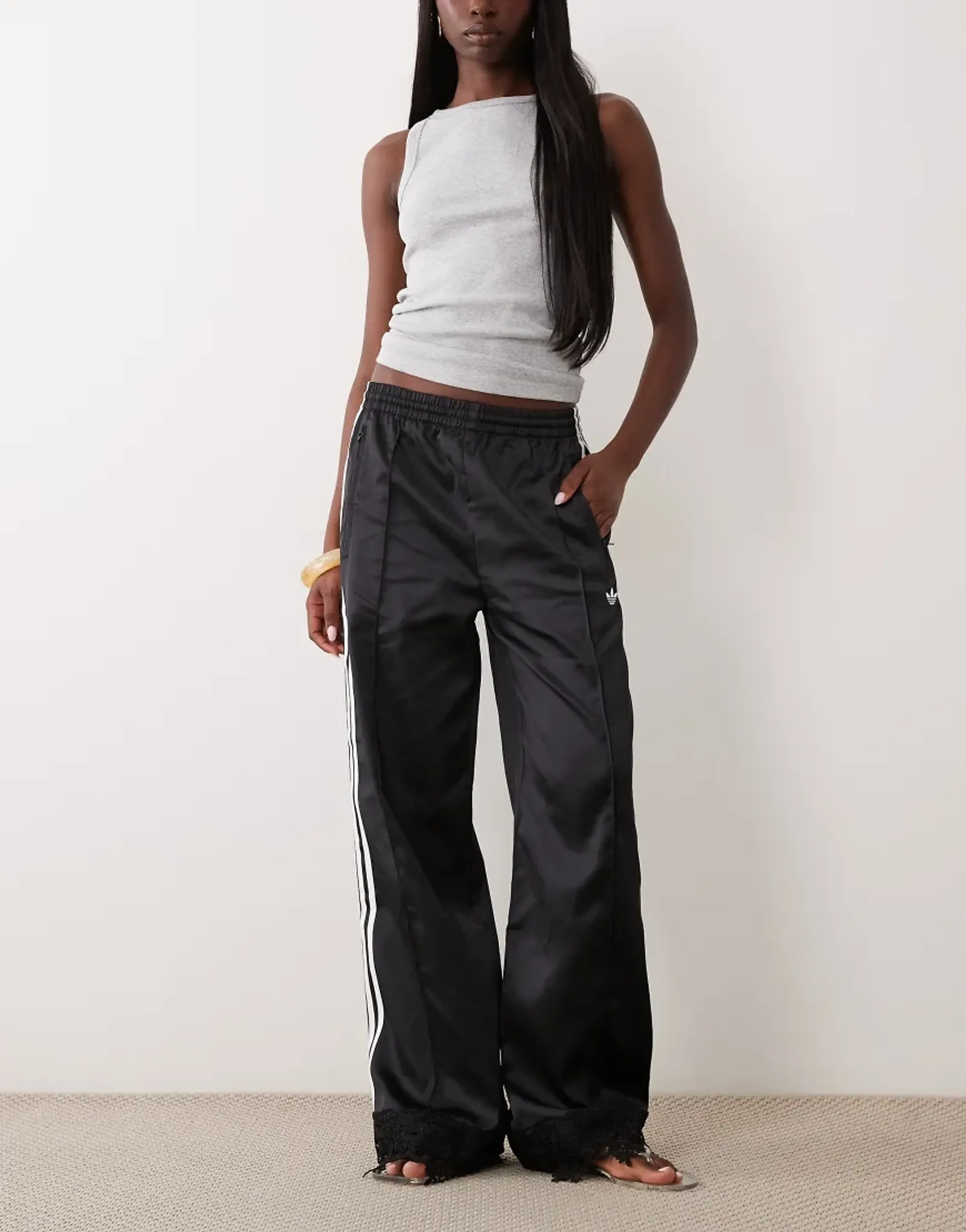 Adidas Originals Satin Firebird Track Pants With Lace Hem In Black
