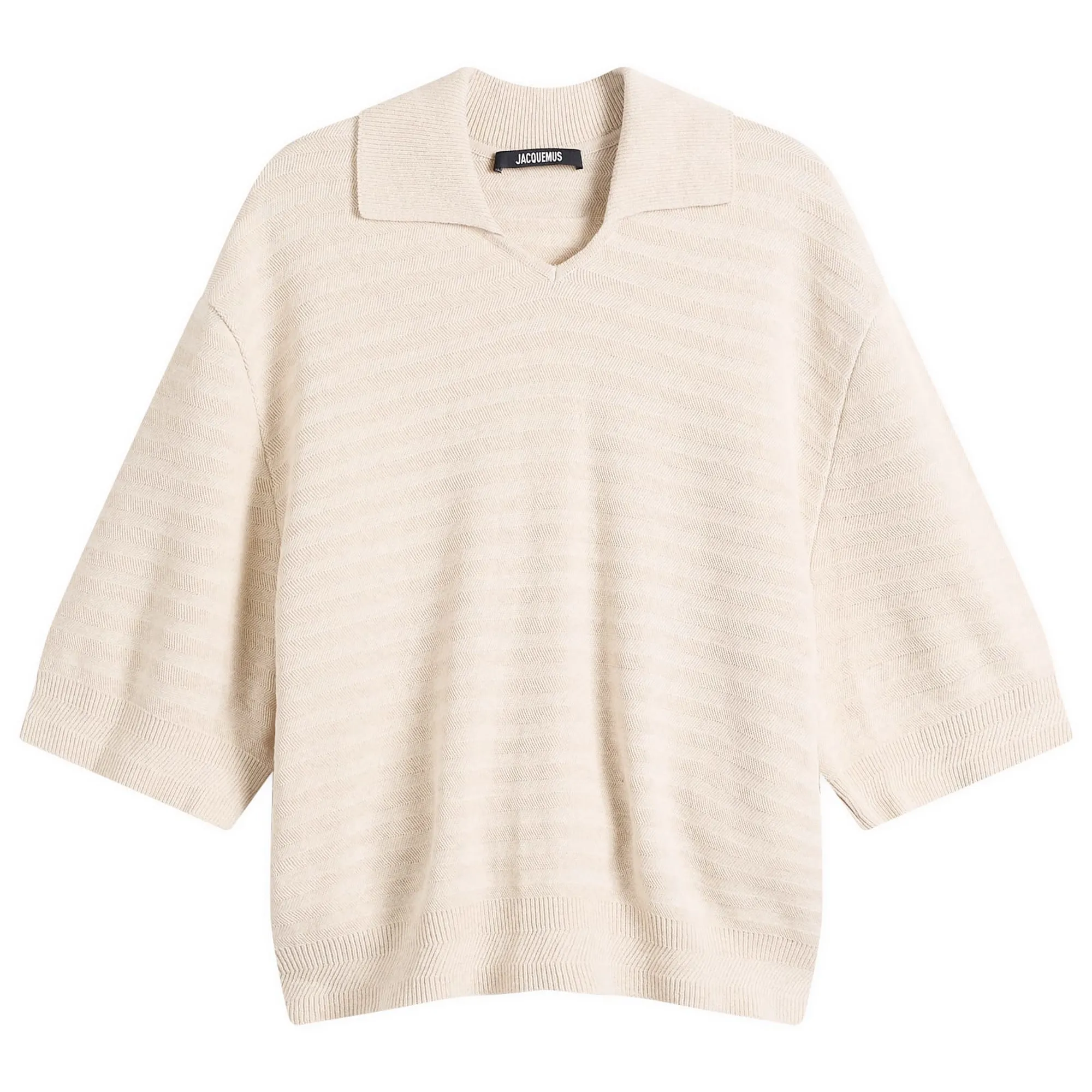 Jacquemus Men's Chevron Cotton Silk Knit Polo Shirt Light Beige