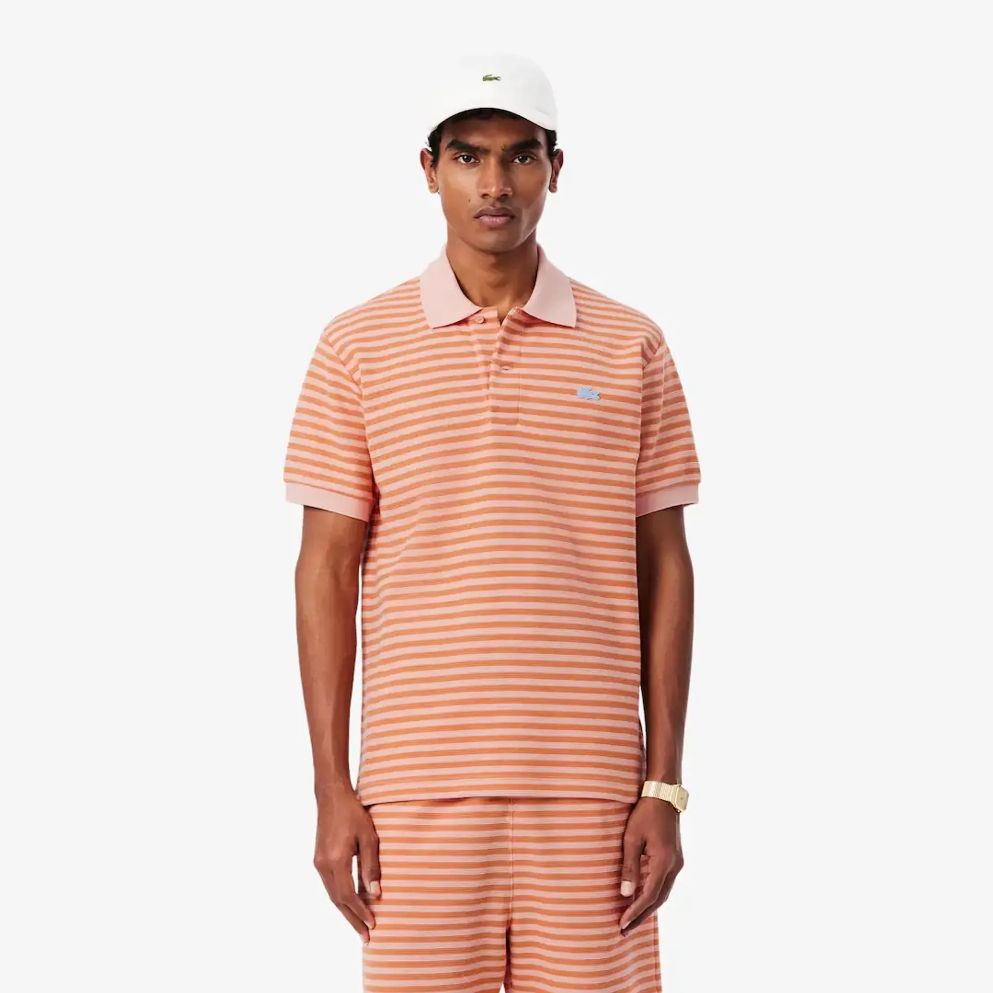 Lacoste Classic Fit Textured Striped Polo Shirt - Rose / Orange
