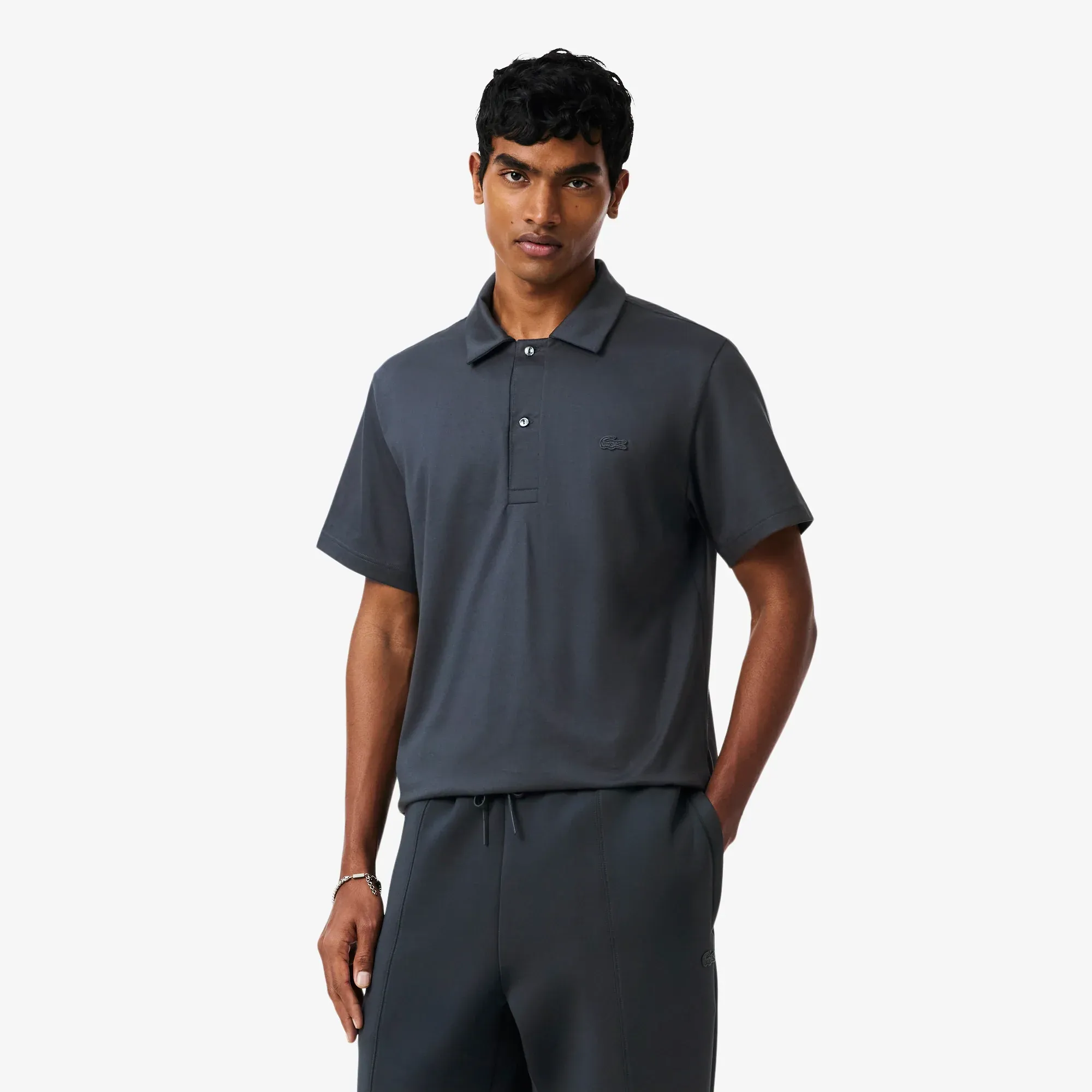 Lacoste Paris Classic Fit Open Neck Embroidered Polo Shirt - Dark Grey