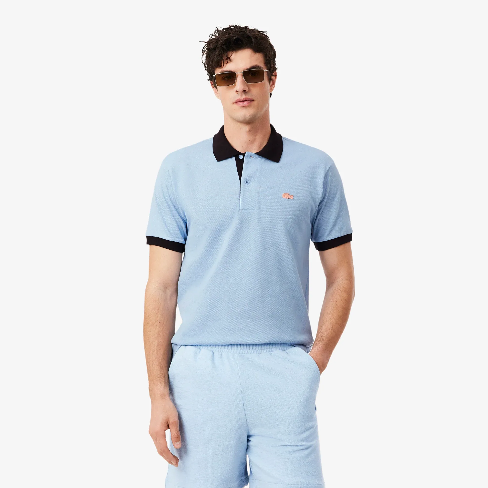 Lacoste Classic Fit Contrast Rib Polo Shirt - Bleu Clair / Marron