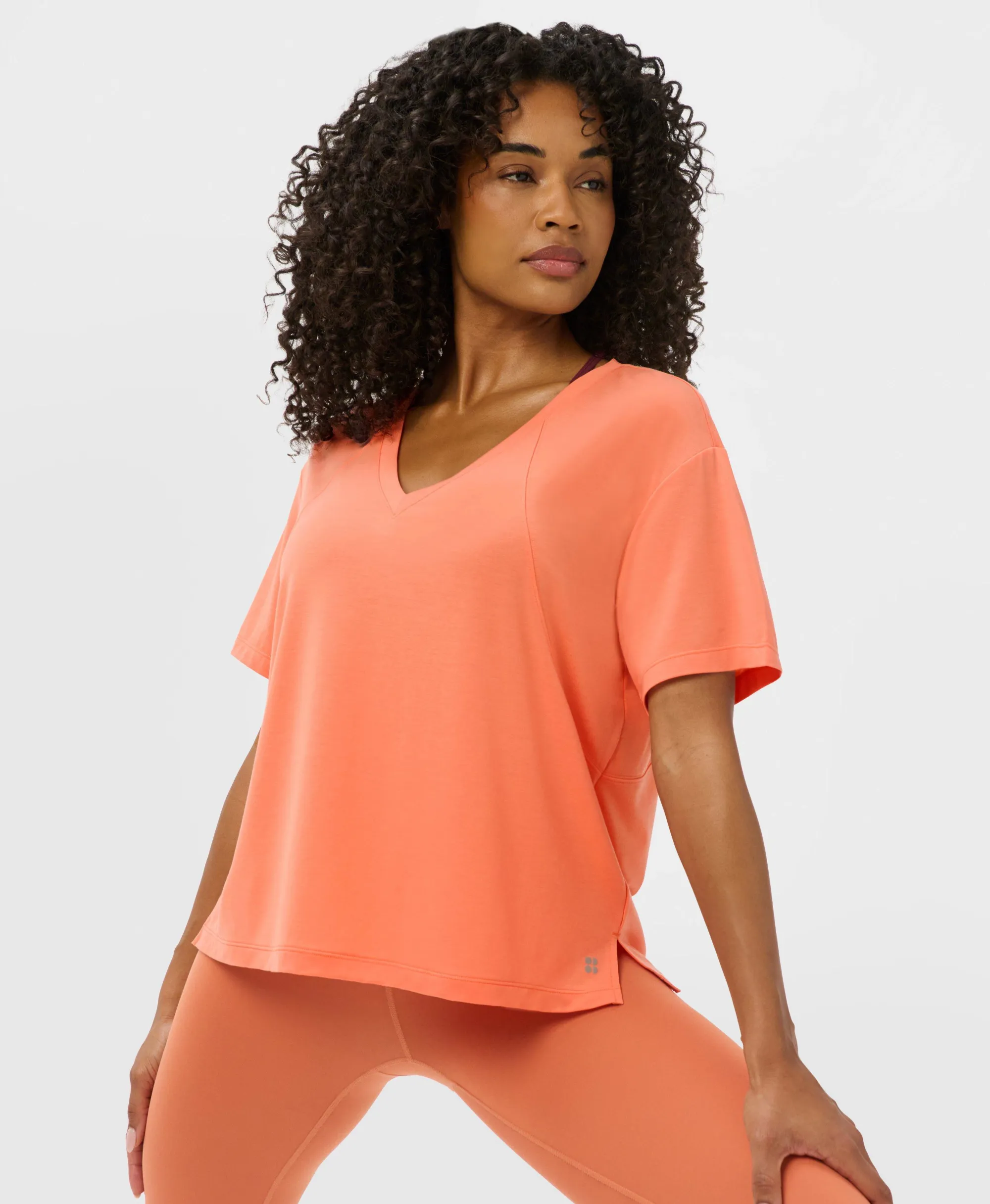 Sweaty Betty Soft Flow Studio V-Neck T-Shirt, Orange, Women's XXS