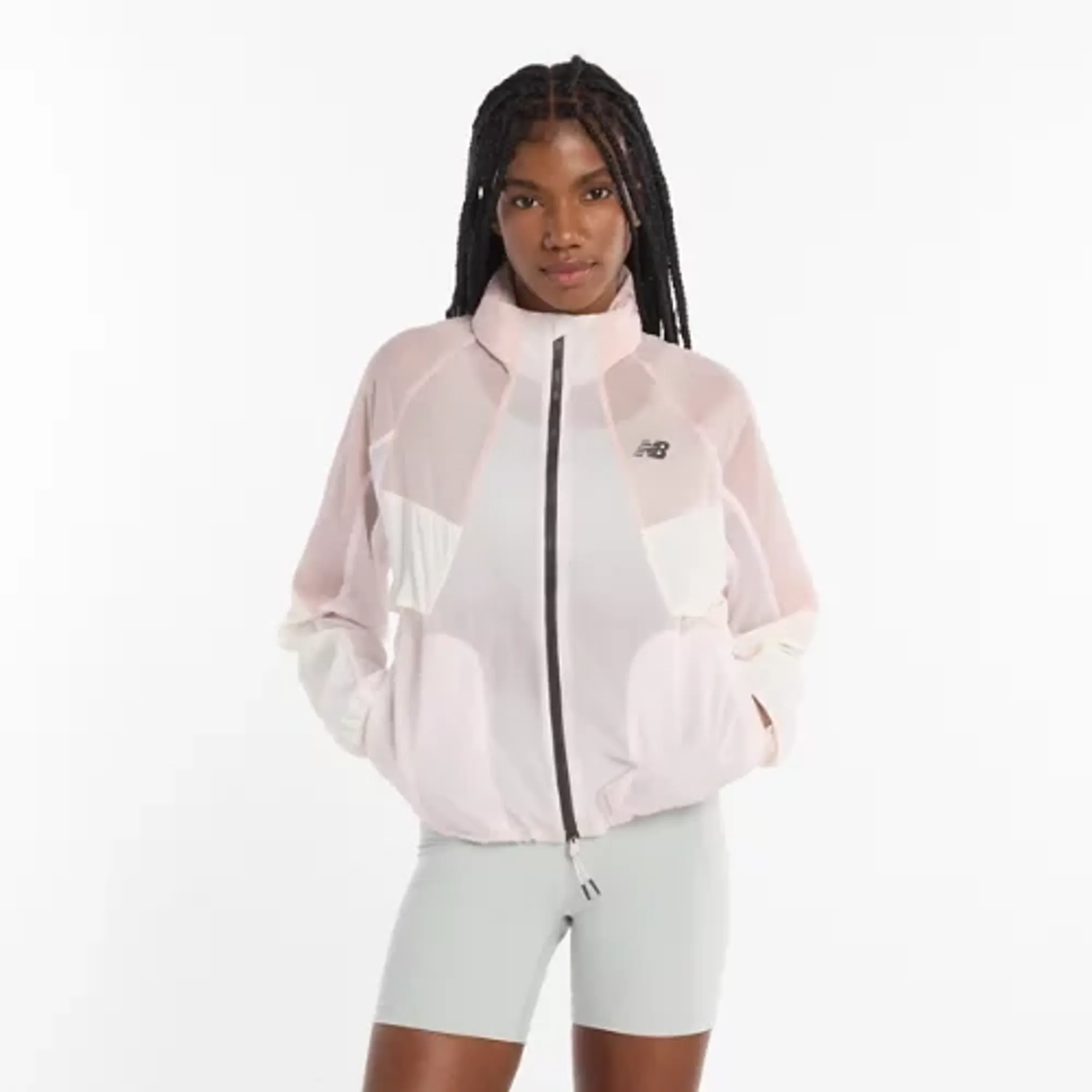 New Balance Women's Gabby Thomas Signature Collection RC Jacket in Pink/White Polywoven