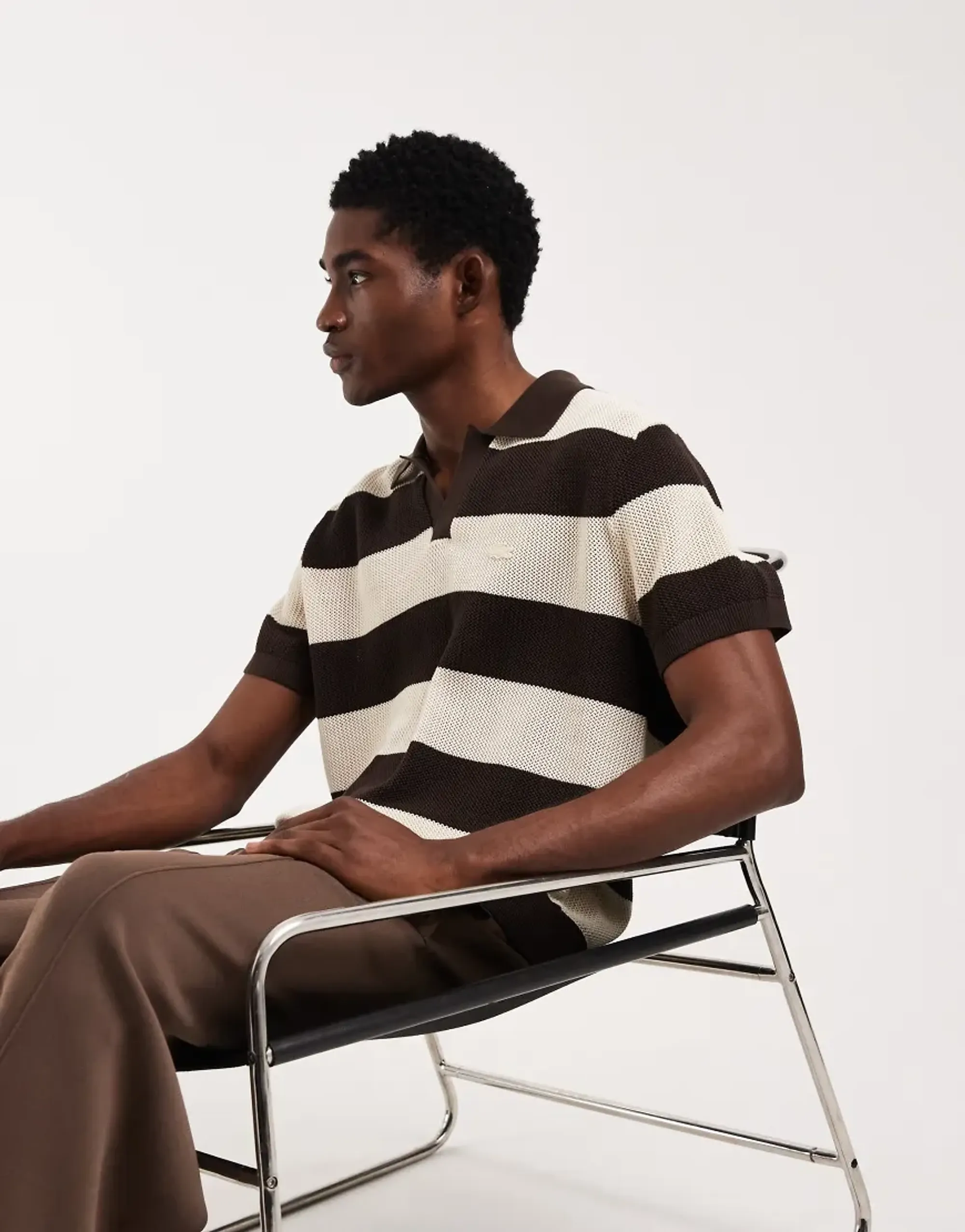 Lacoste Short Sleeved Striped Polo Collar Sweater - Beige / Marron