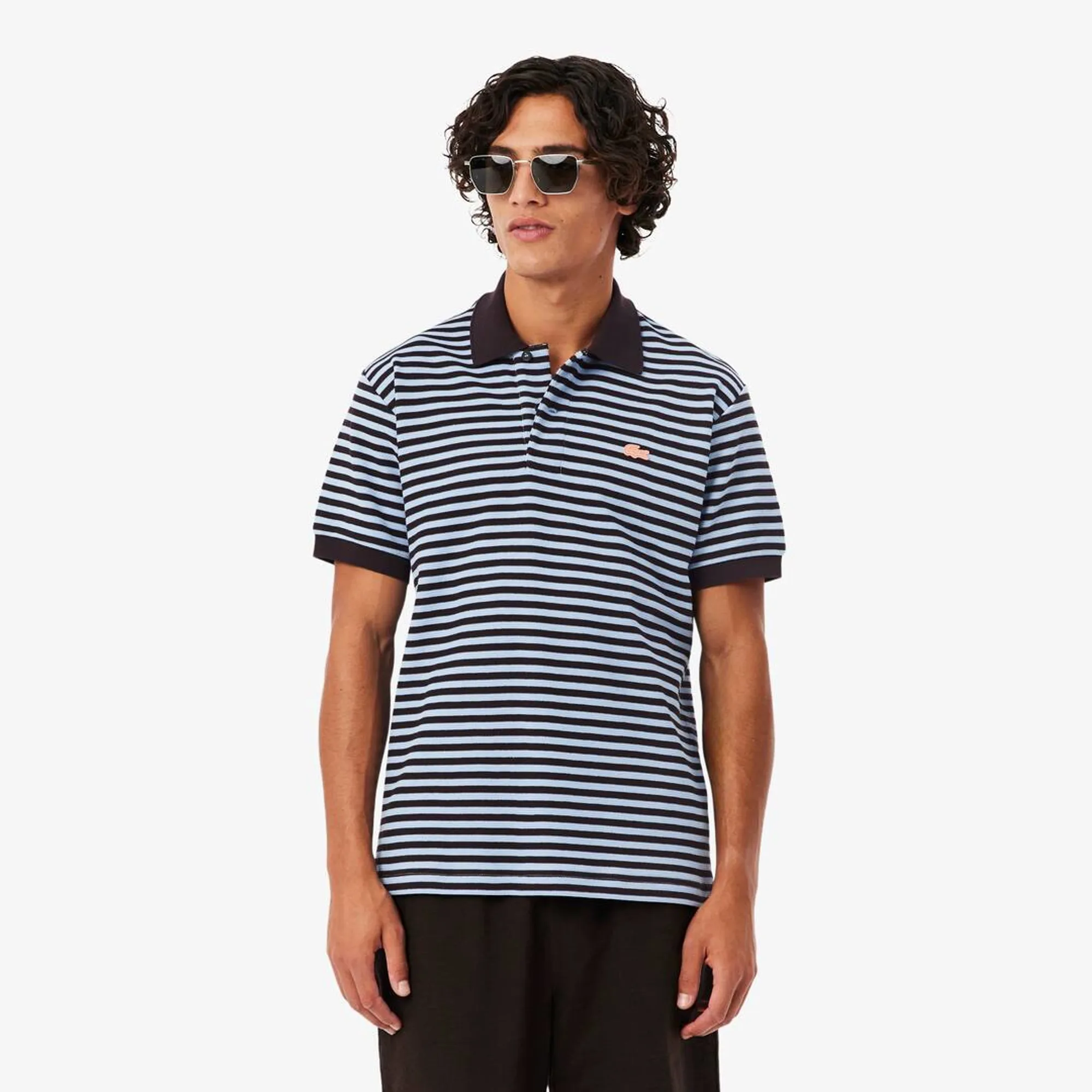 Lacoste Classic Fit Textured Striped Polo Shirt - Bleu Clair / Marron