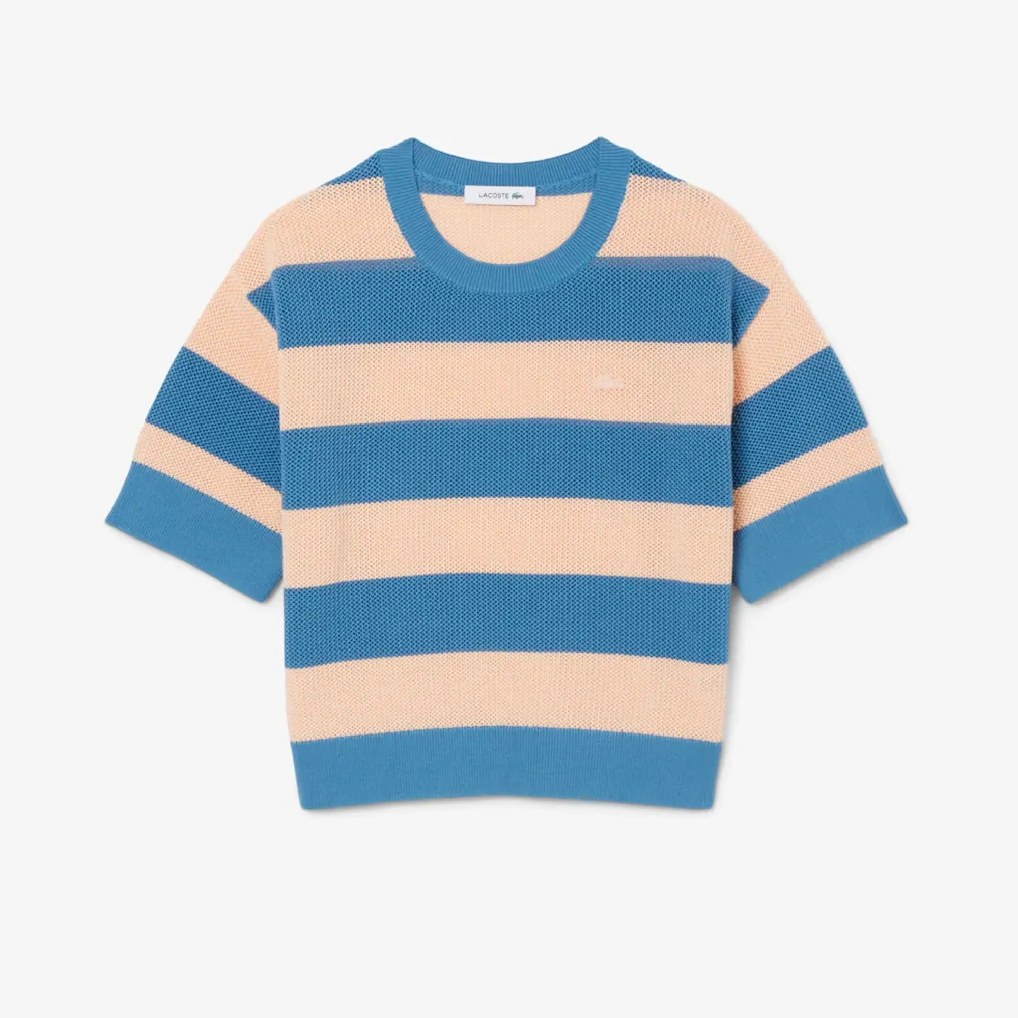 Lacoste Striped Mesh Knit T-shirt - Bleu / Rose Pale