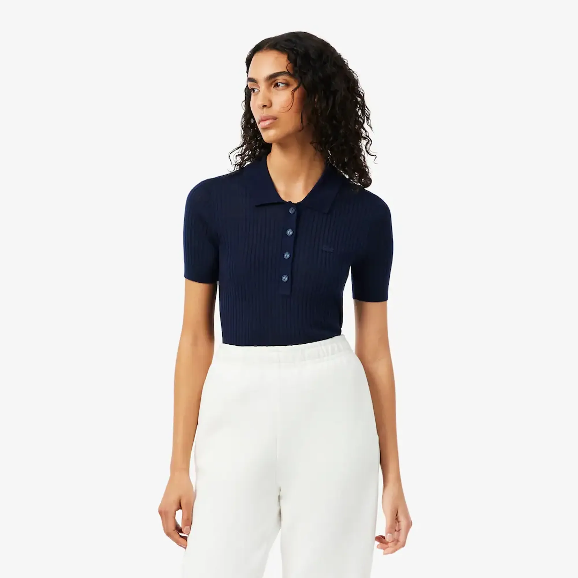 Lacoste 3D Rib Knit Polo Collar Merino Wool Sweater - Midnight Blue