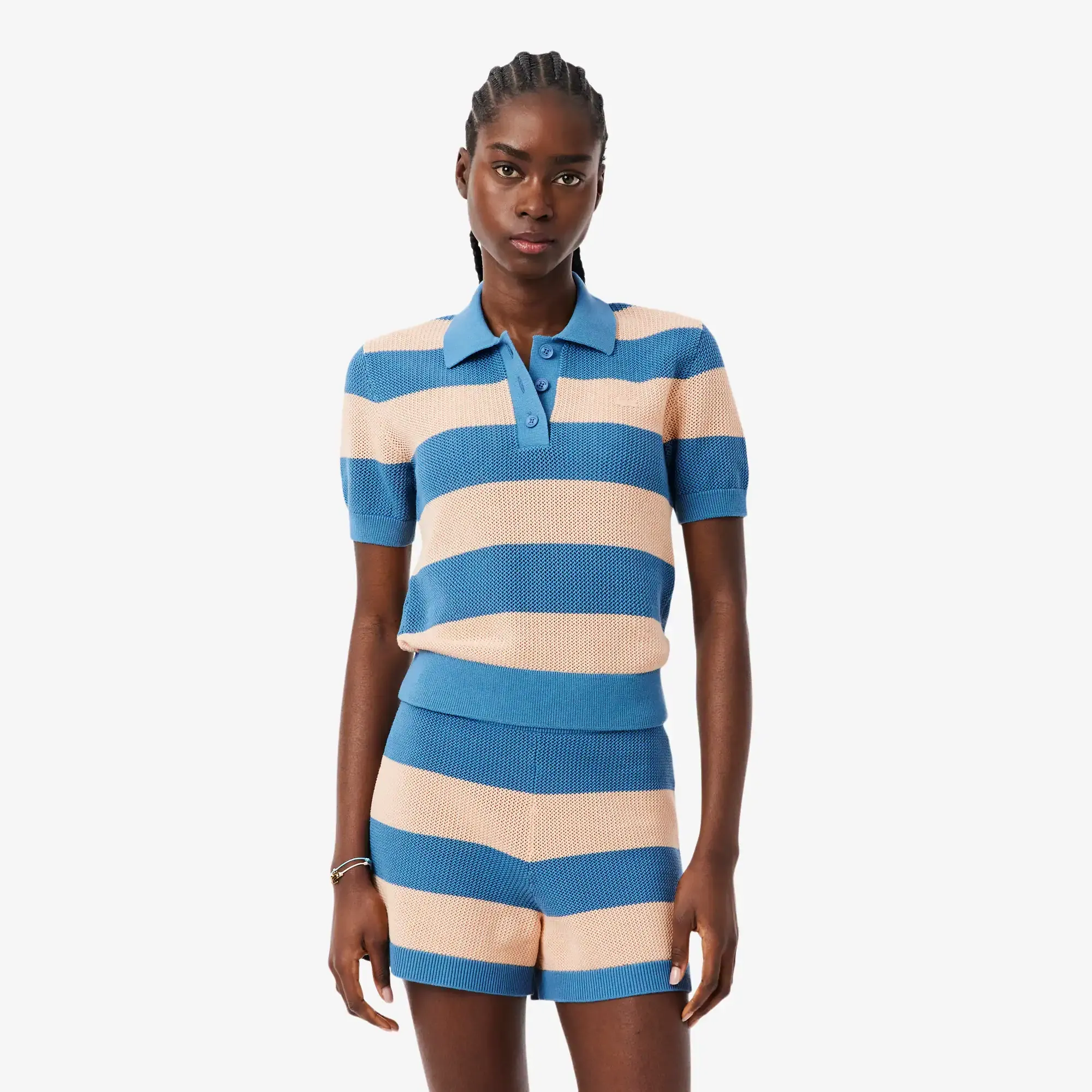 Lacoste Striped Mesh Knit Polo Collar Sweater - Bleu / Rose Pale