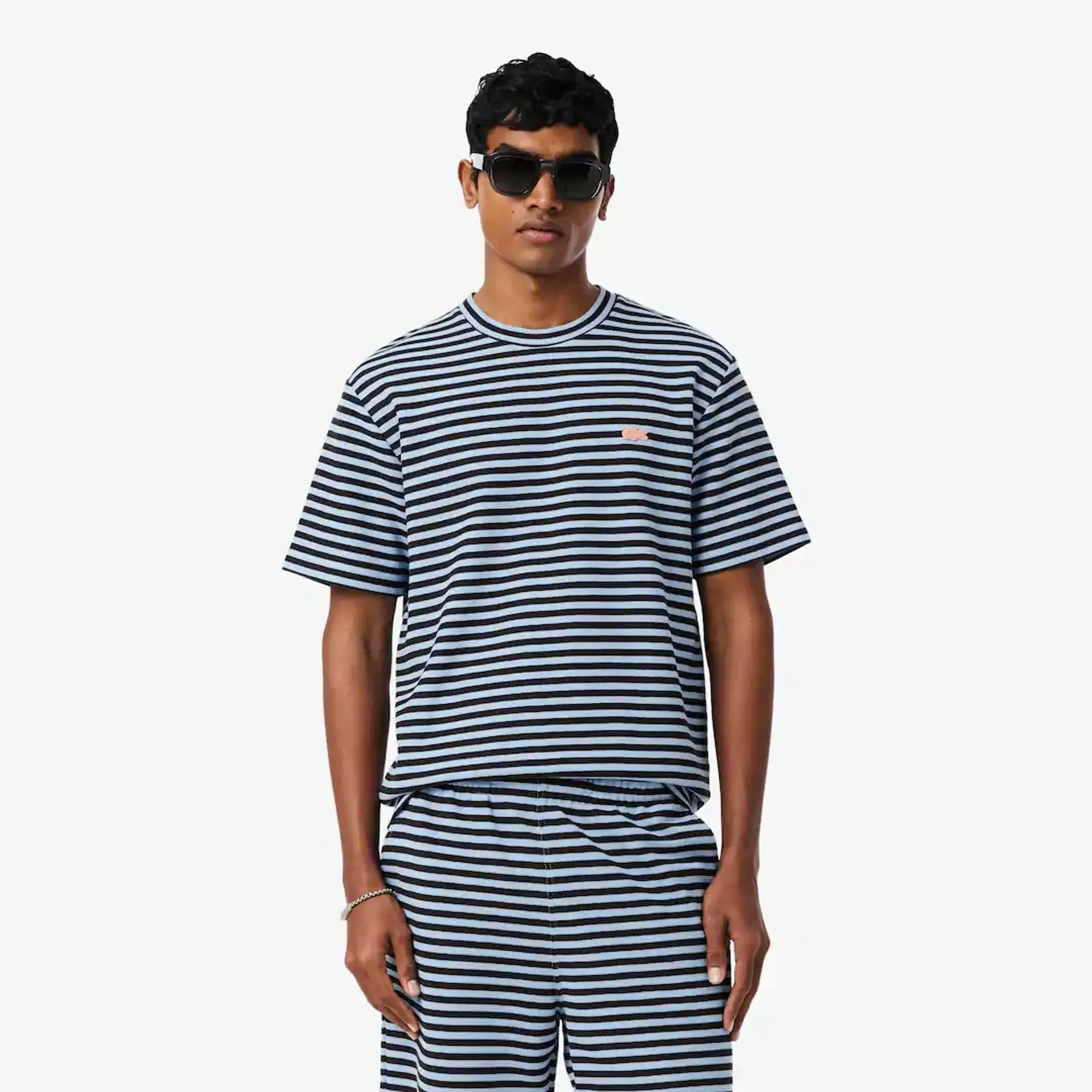 Lacoste Textured Striped Cotton T-shirt - Bleu Clair / Marron