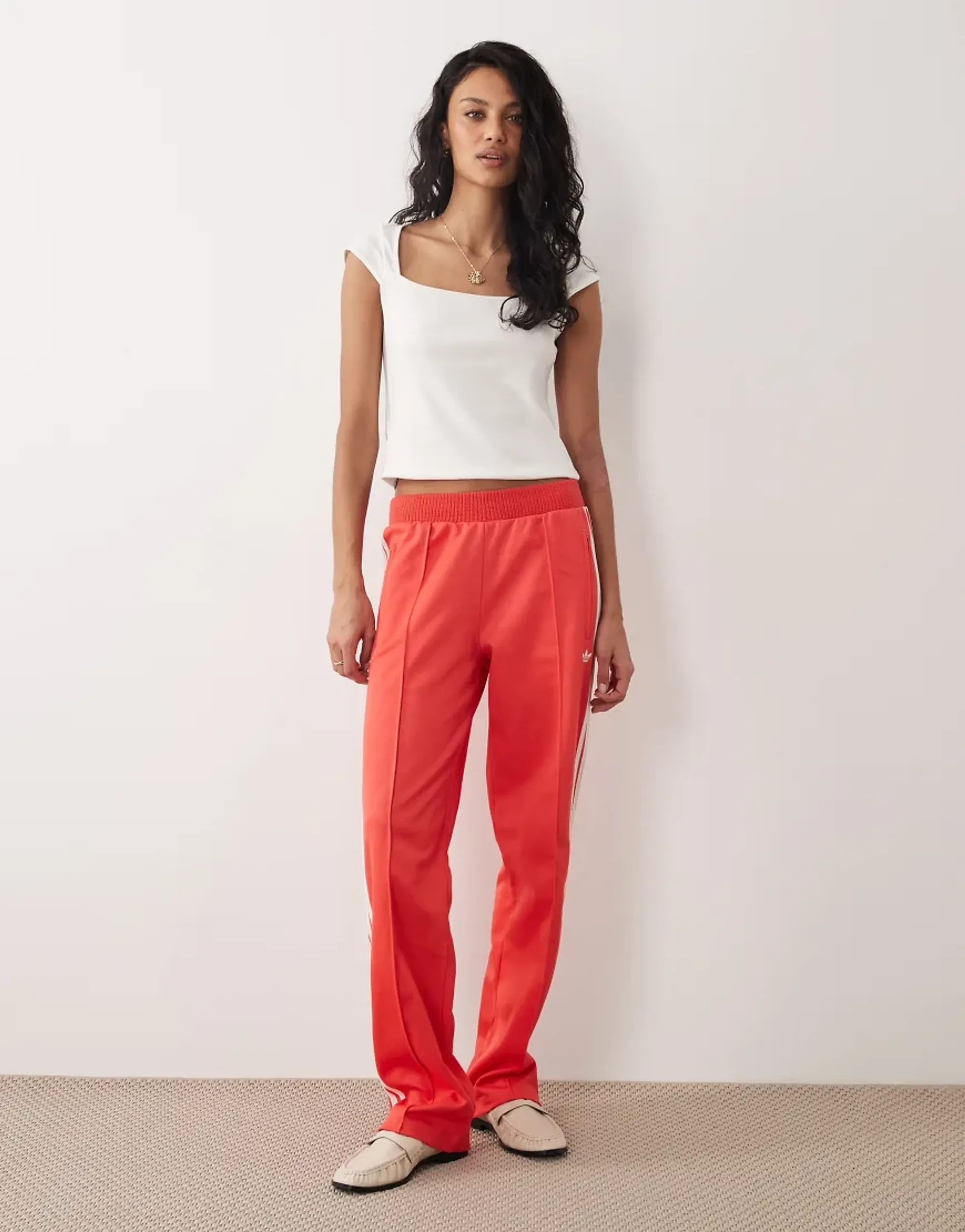 Adidas Originals Firebird Track Pants With Knitted Crochet Details In Semi Lucid Red