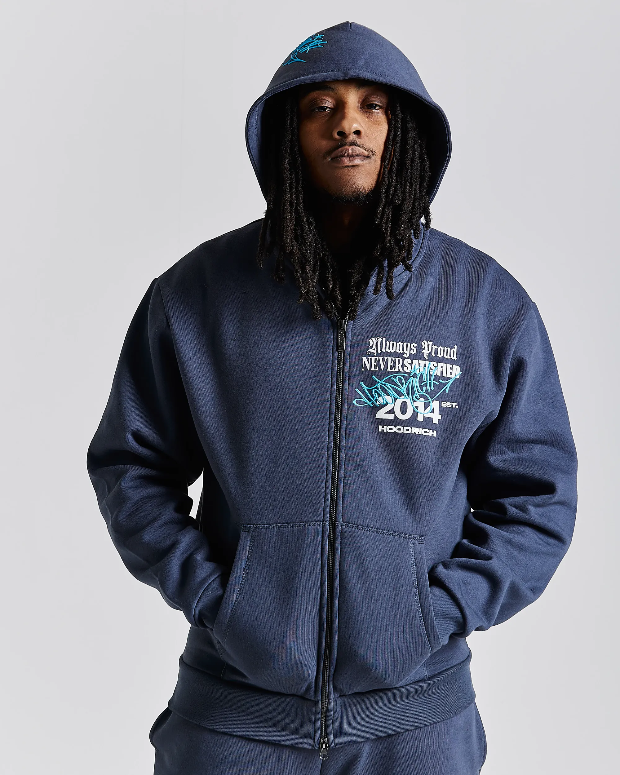 Stamp Tag Oversized Zip Hoodie - Blue/White