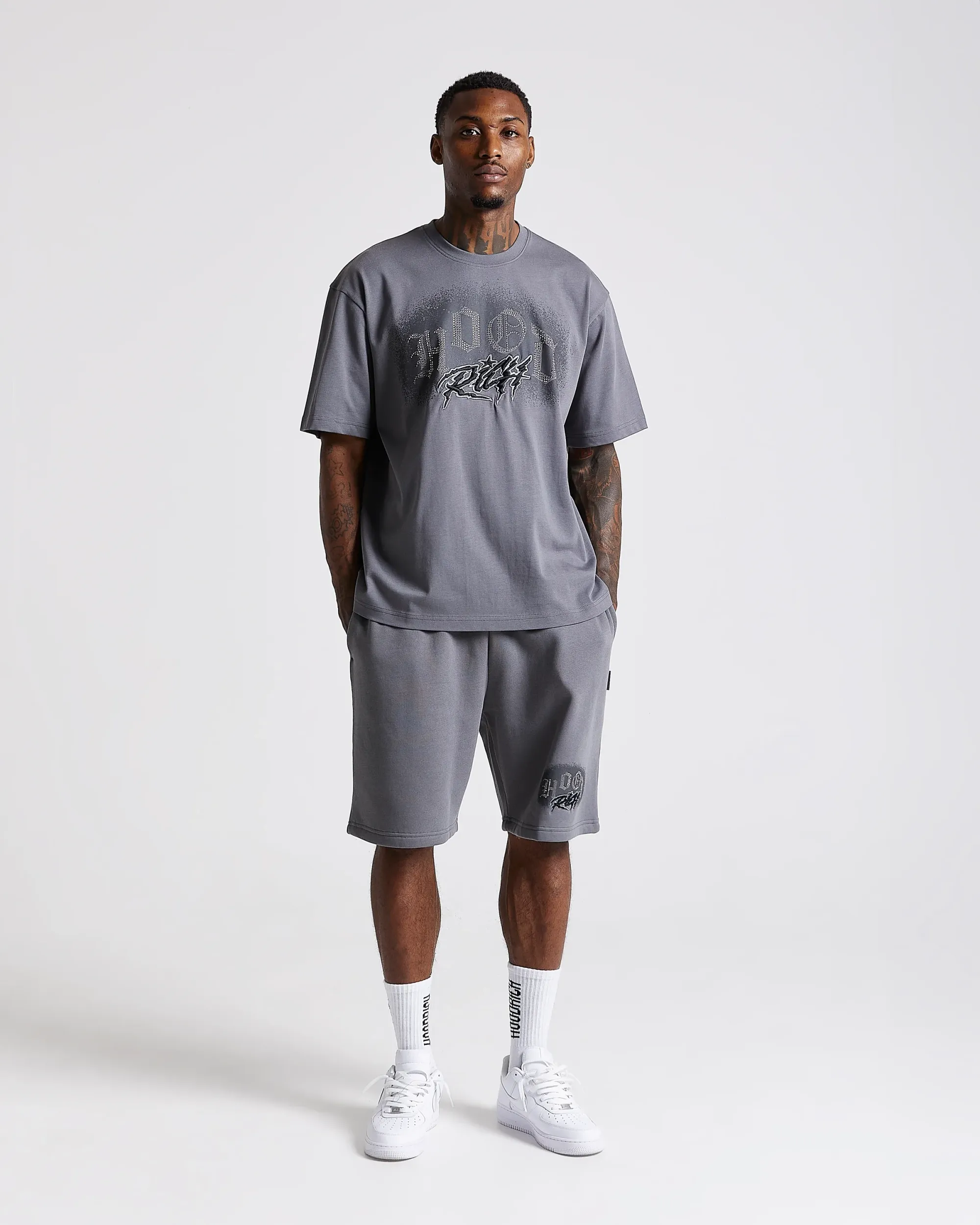 Iron Oversized Shorts - Grey/Rhinestones